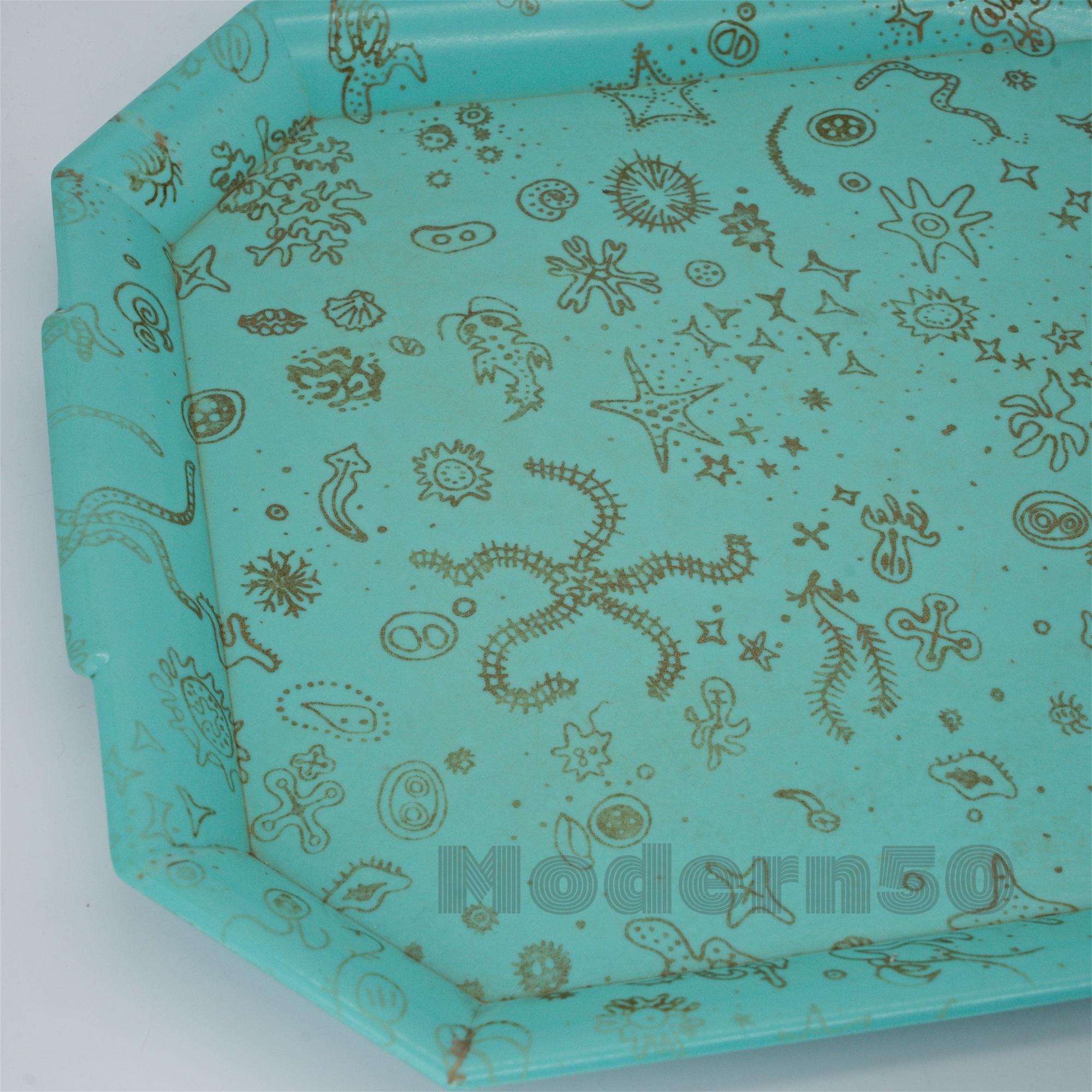 Mid-Century Modern 1950s Ray Eames Sea Things Schiffer Pattern Gold Aqua Melamine Waverly Tray 