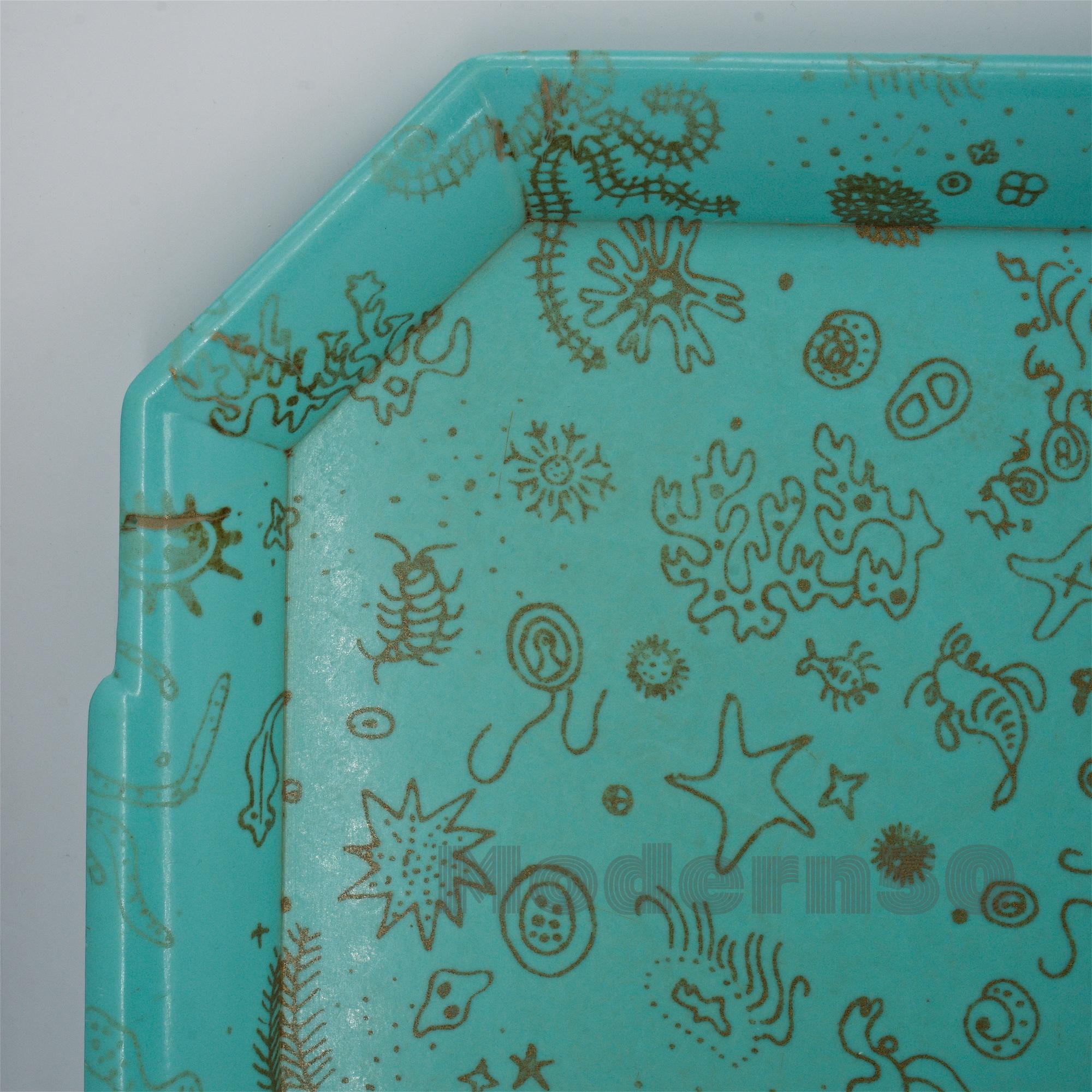 American 1950s Ray Eames Sea Things Schiffer Pattern Gold Aqua Melamine Waverly Tray