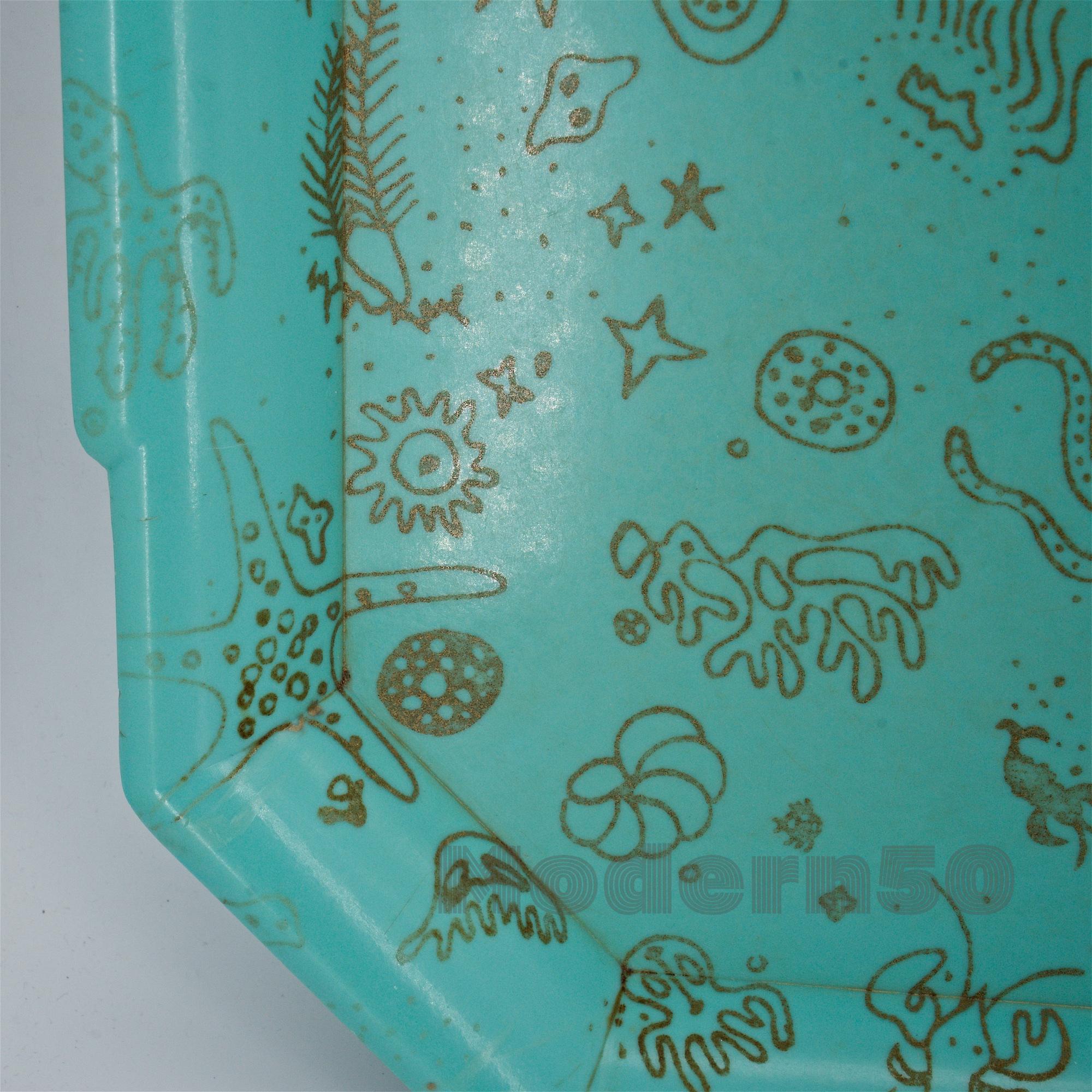 1950s Ray Eames Sea Things Schiffer Pattern Gold Aqua Melamine Waverly Tray In Fair Condition In Hyattsville, MD