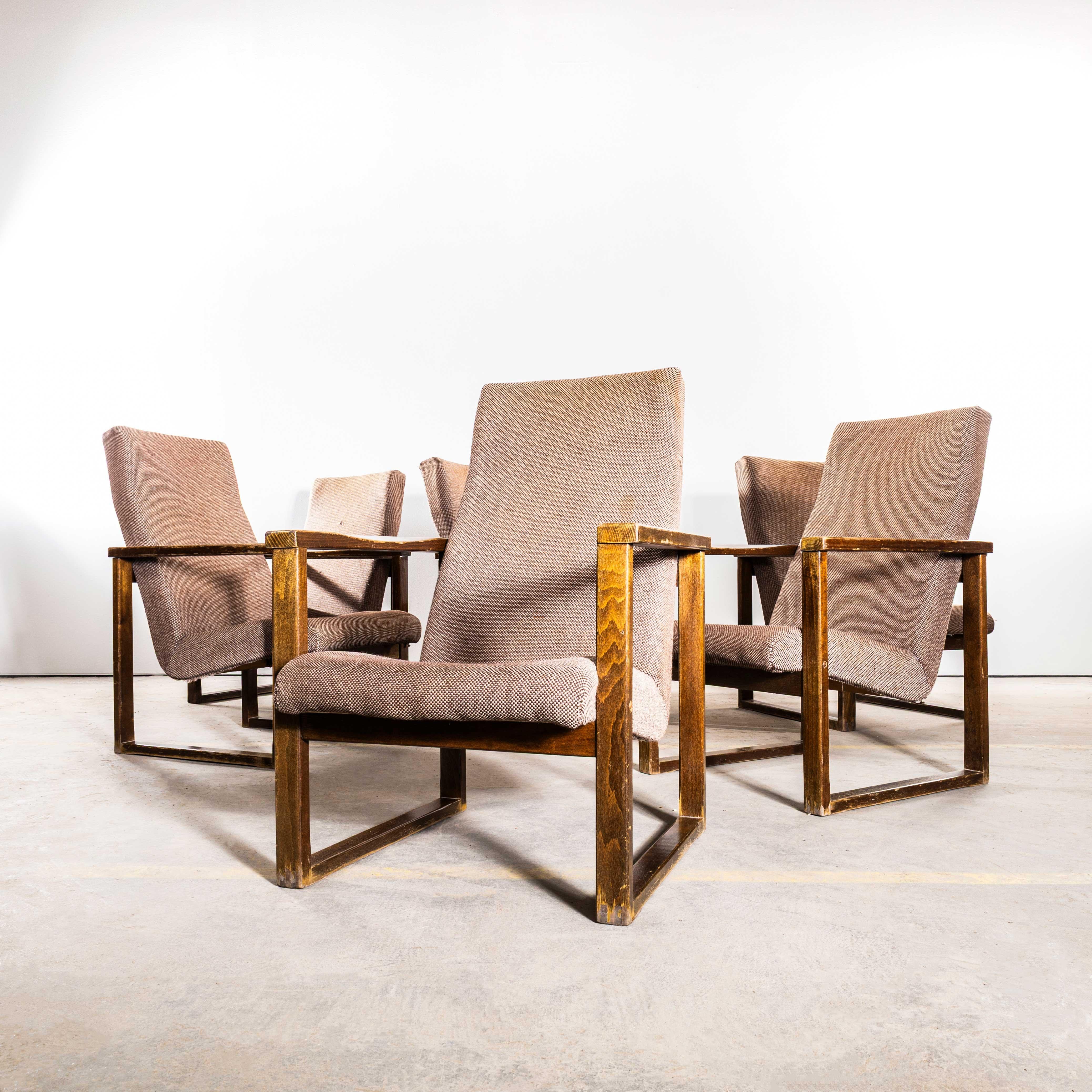 1950’s Reupholstered Cube Armchair – Single Chair. 
Sourced direct in the Czech republic these mid century chairs are made with strong oak frames and the original slung seats. The frame is oak throughout and the arms have been cleaned and waxed but