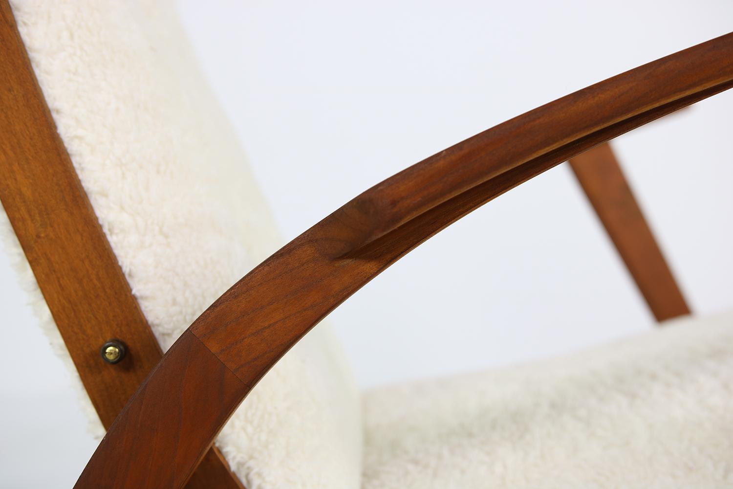 German 1950s Reclinable Rocking Chair with Teddy Fur and Leather Mid-Century Modern