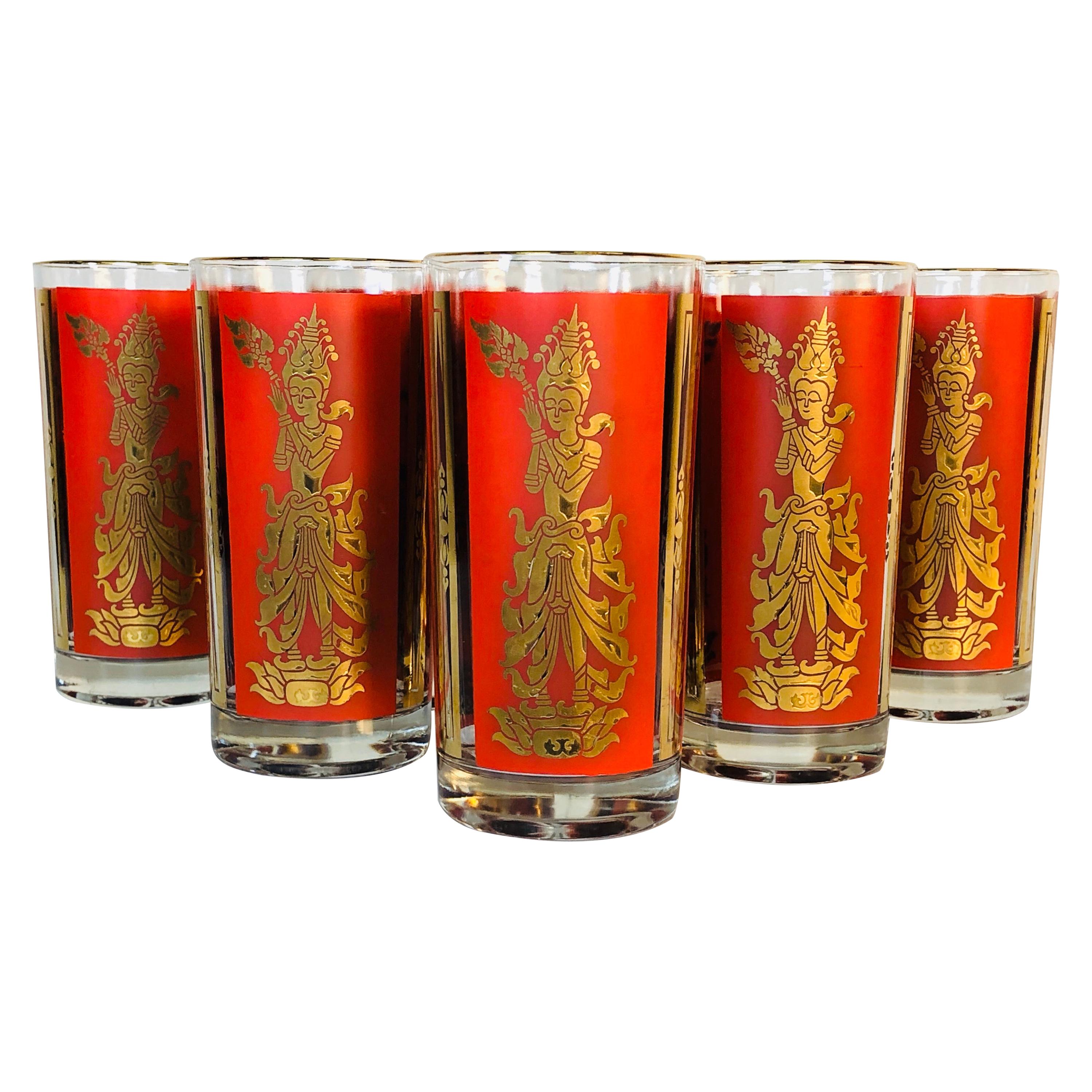 1950s Red and Gold Asian Style Glass Tumblers, Set of 7 For Sale