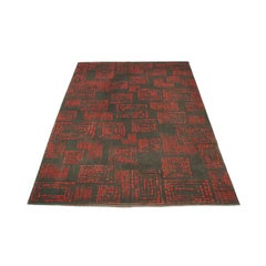 1950s Red and Grey Geometric Abstract Wool Rug Modernist