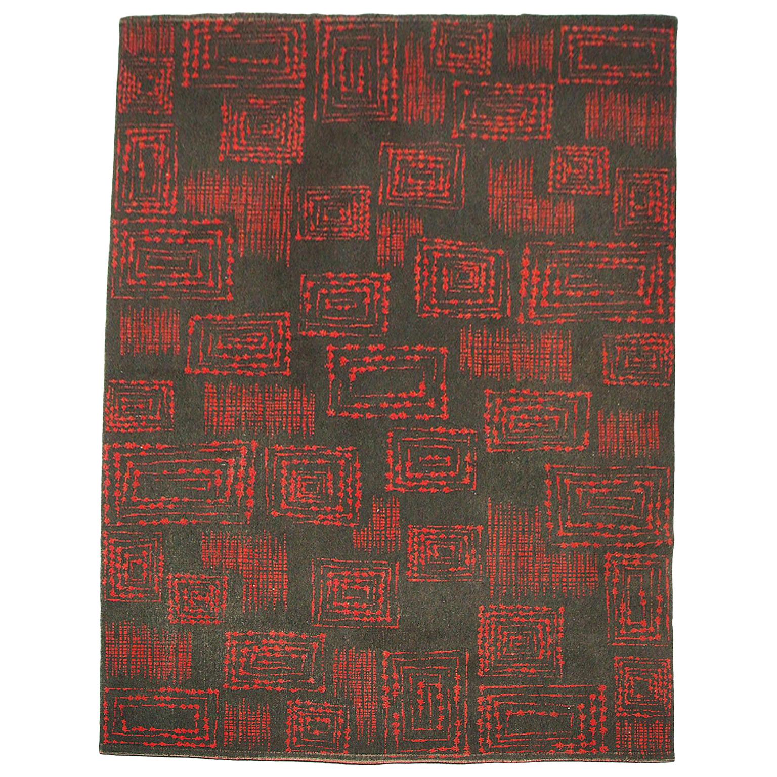 1950s Red and Grey Geometric Abstract Wool Rug Modernist For Sale