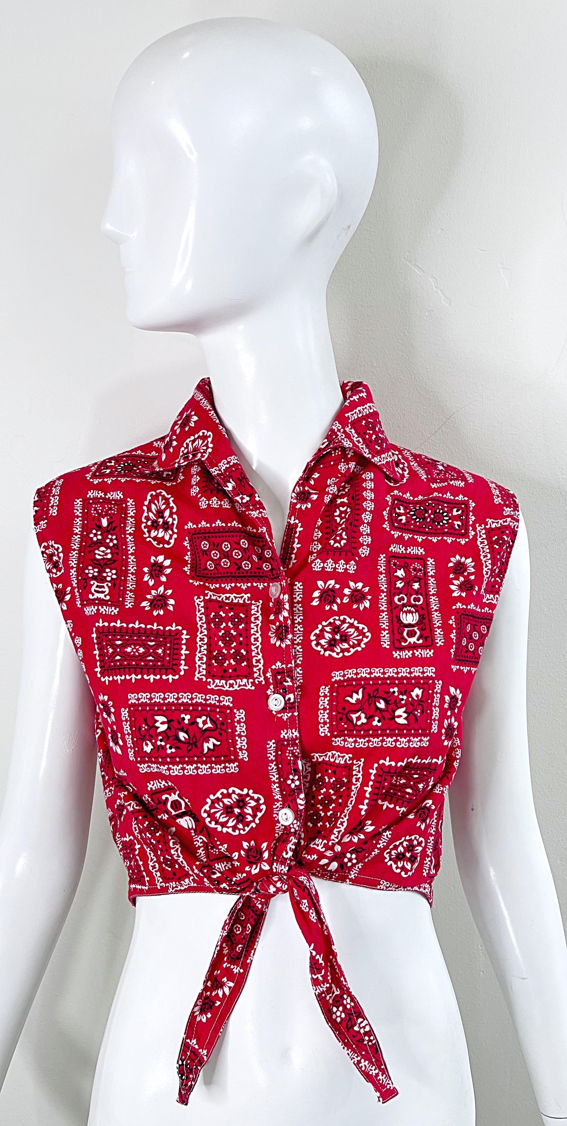 1950s Red White Bandanna Print Vintage 50s Western Cotton Sleeveless Crop Top  For Sale 7