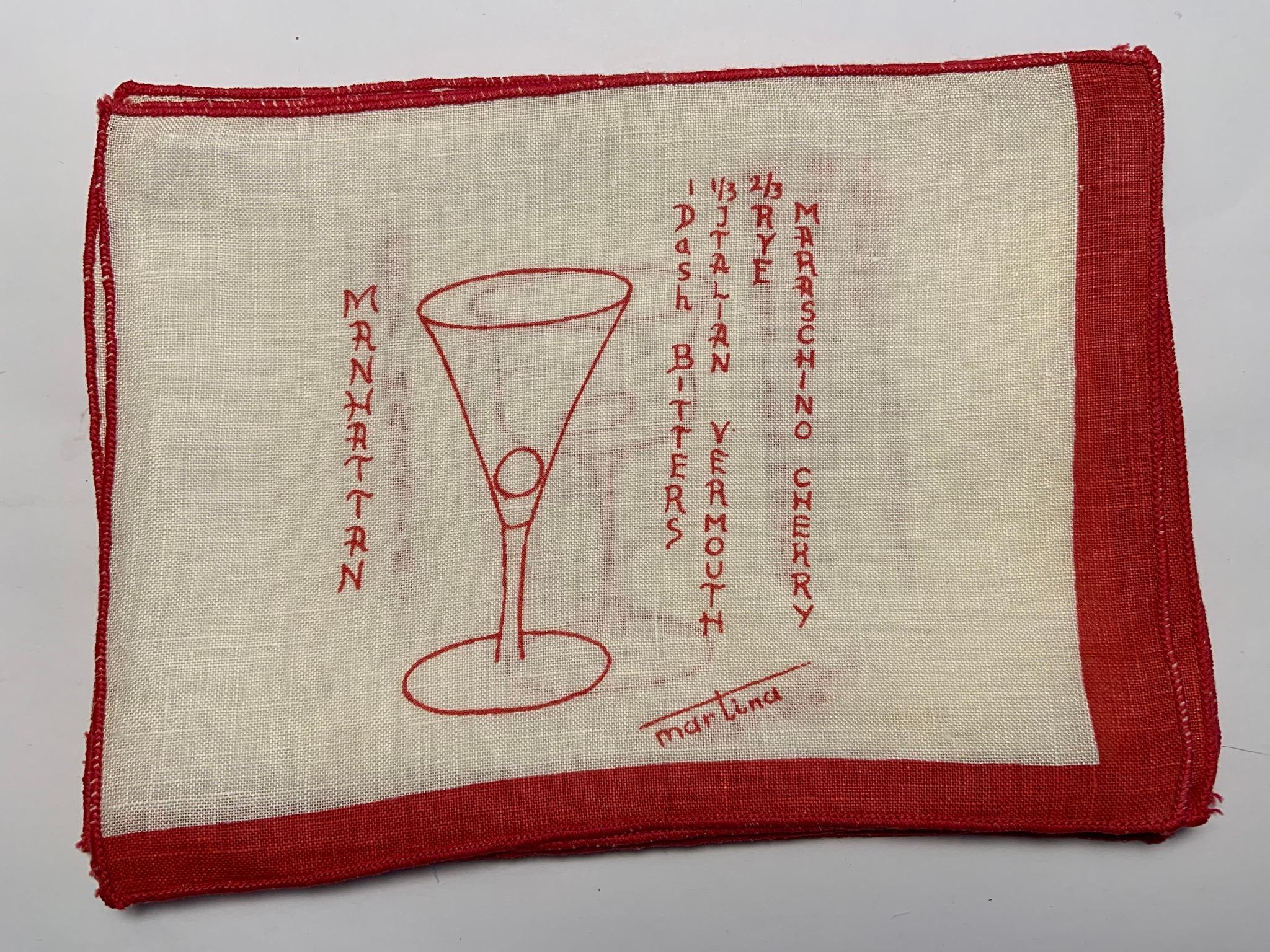 1950's Red and White Linen Cocktail Napkins with Drinks Recipes Set of Eight 3