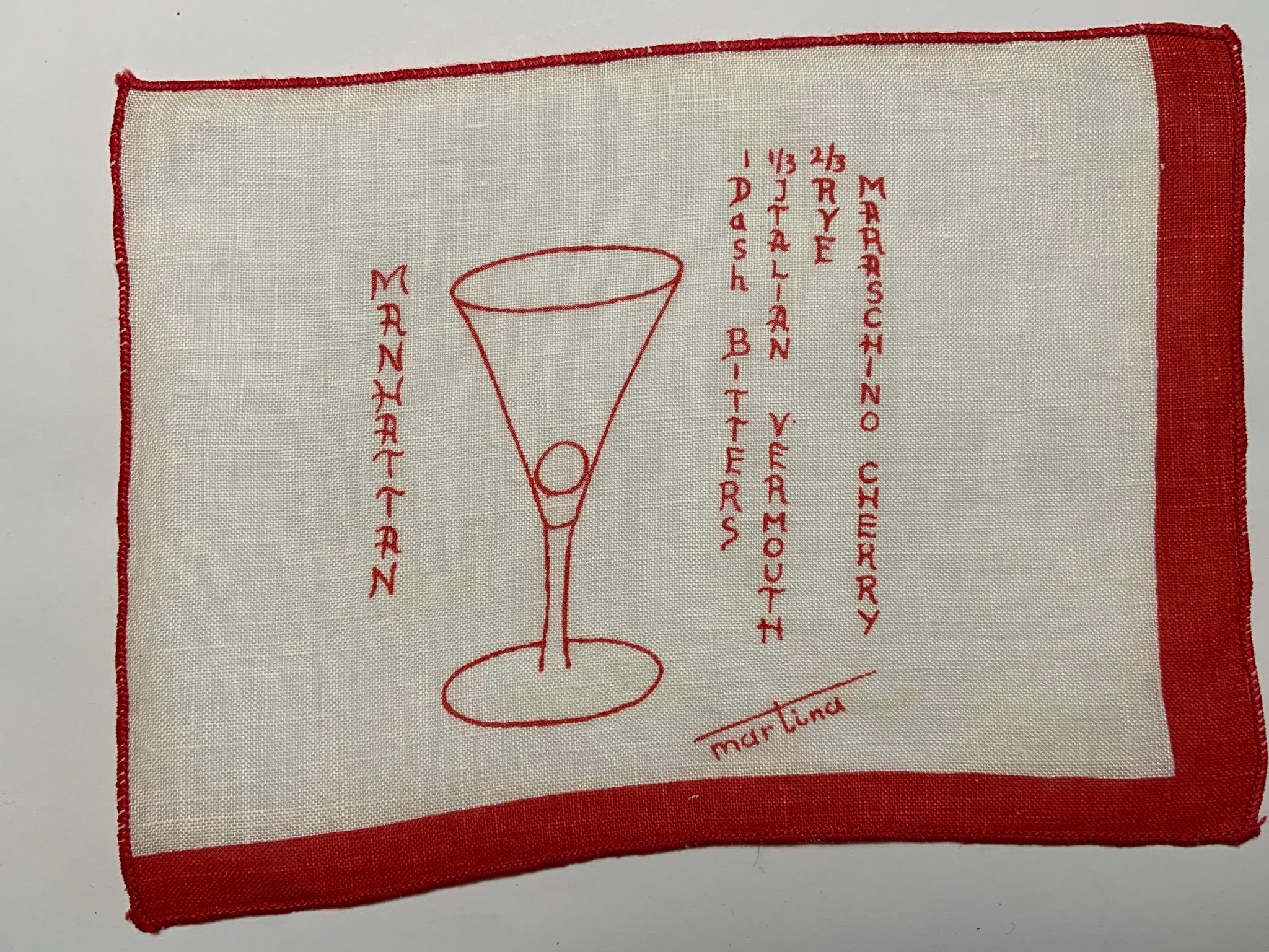 A fun set of eight printed linen cocktail napkins, each has a different cocktail, the correct glass and the ingredient list, already for the perfect drink. The set includes one each of Manhattan, Dry Martini, Old Fashioned, Daiquiri, Whiskey Sour,
