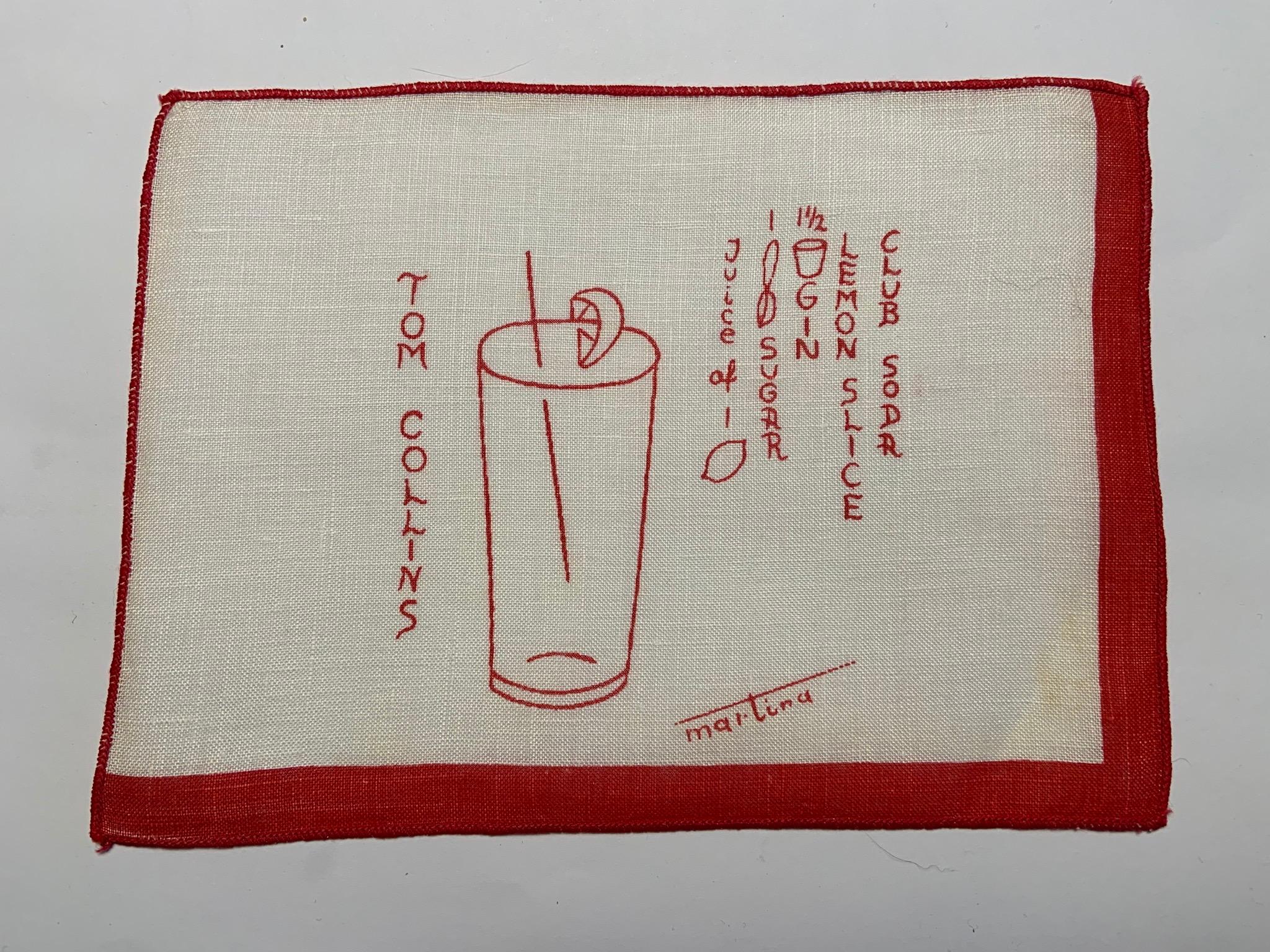 Beige 1950's Red and White Linen Cocktail Napkins with Drinks Recipes Set of Eight