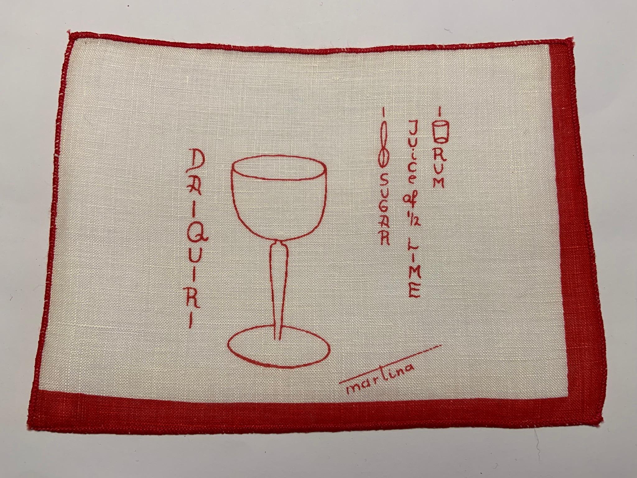 1950's Red and White Linen Cocktail Napkins with Drinks Recipes Set of Eight In Excellent Condition In New Hope, PA