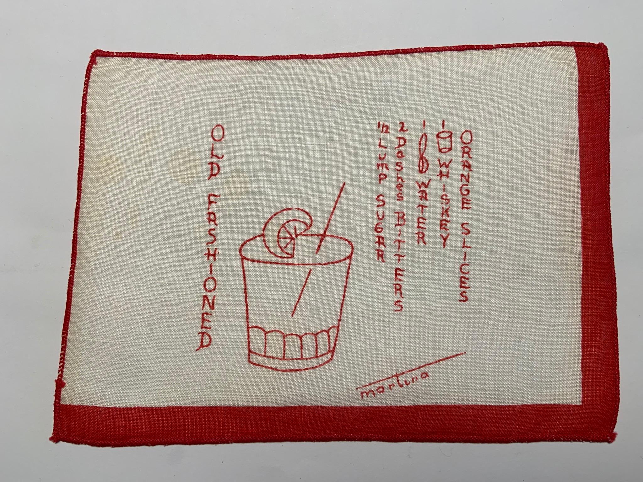 Women's or Men's 1950's Red and White Linen Cocktail Napkins with Drinks Recipes Set of Eight