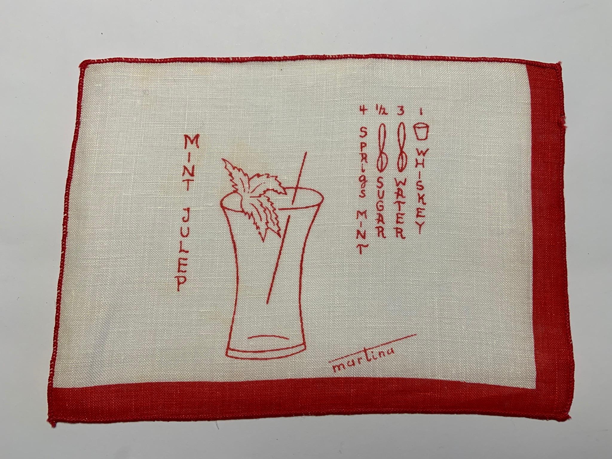 1950's Red and White Linen Cocktail Napkins with Drinks Recipes Set of Eight 1