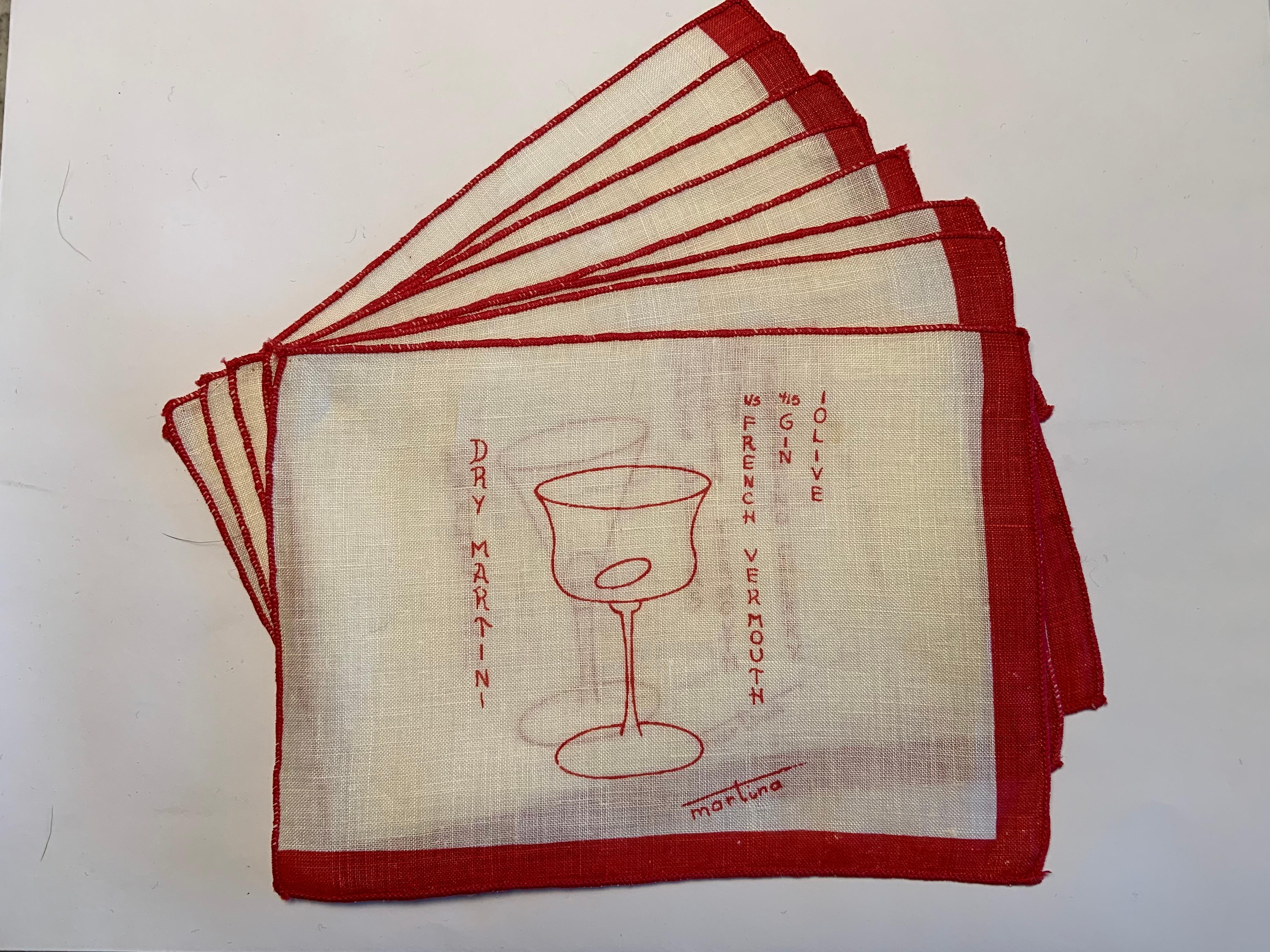 1950's Red and White Linen Cocktail Napkins with Drinks Recipes Set of Eight 2