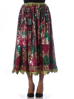 1950S Red & Black Cotton Fully Sequined  Skirt With Mexican Folk Scenes