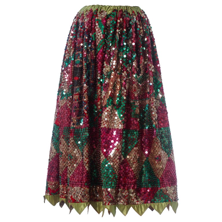 1950S Red and Black Cotton Fully Sequined Skirt With Mexican Folk