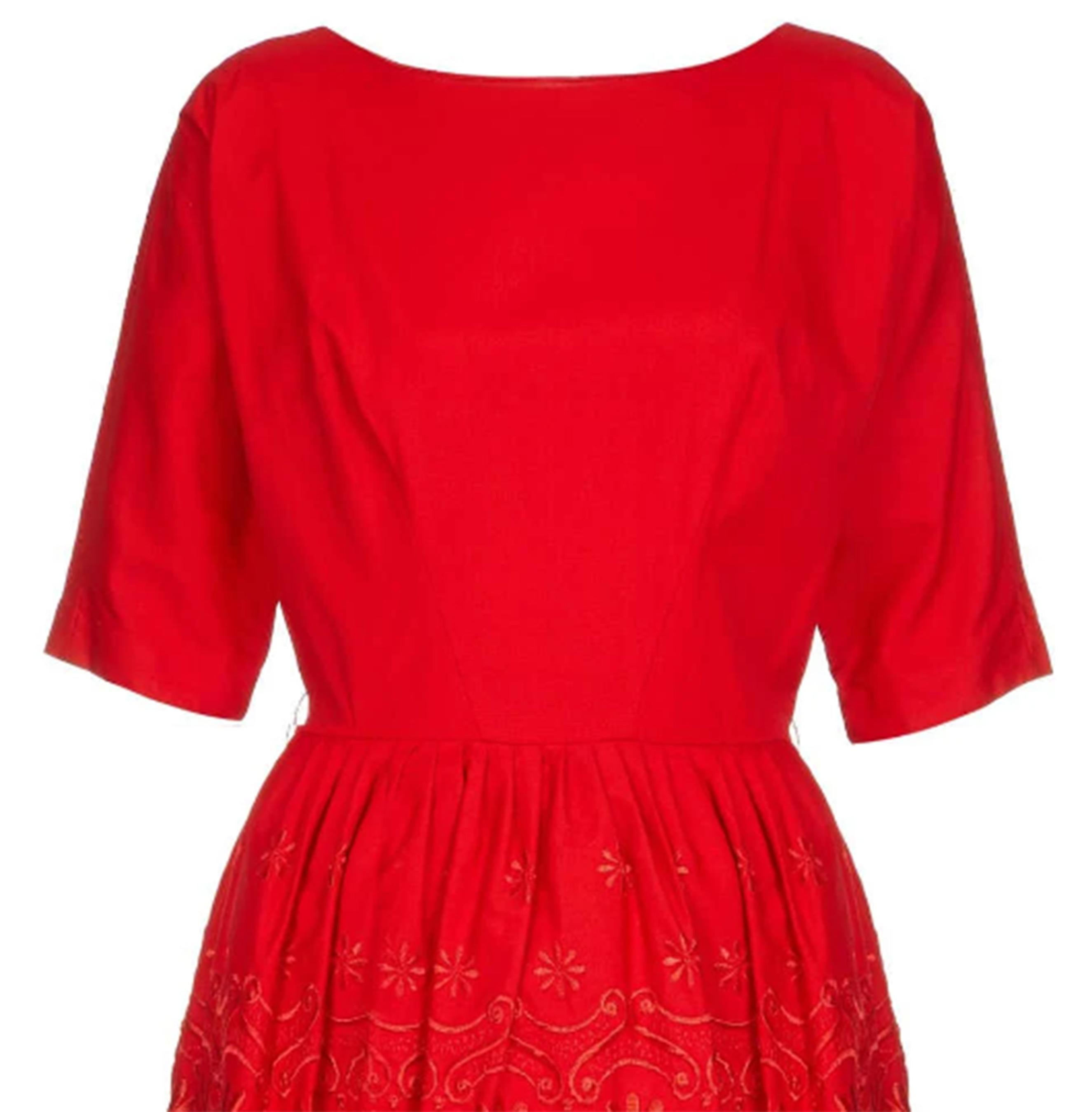 Women's 1950s Red Cotton Dress with Embroidered Peplum For Sale