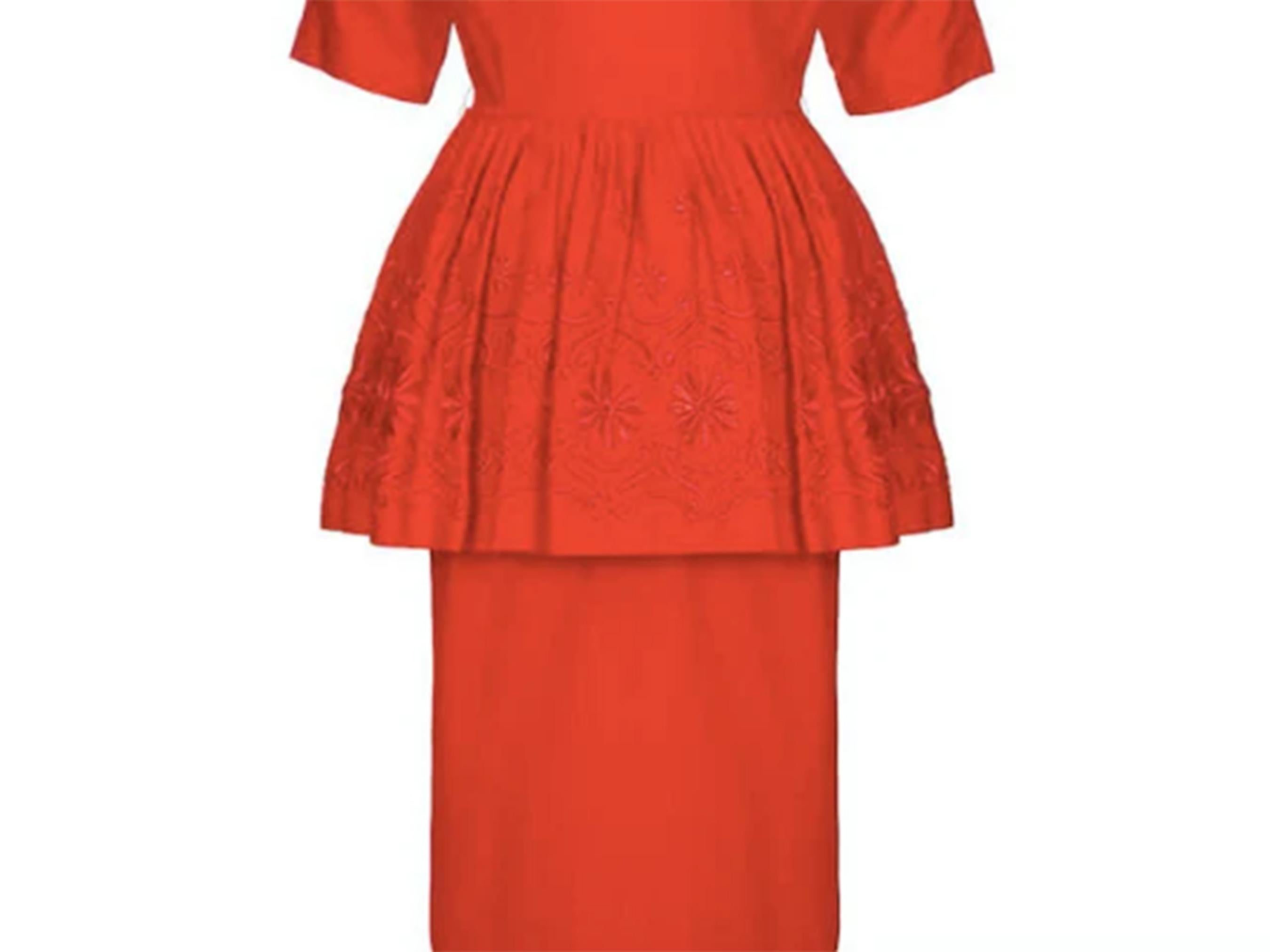 1950s Red Cotton Dress with Embroidered Peplum For Sale 3