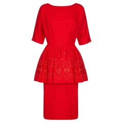 Used 1950s Red Cotton Dress with Embroidered Peplum