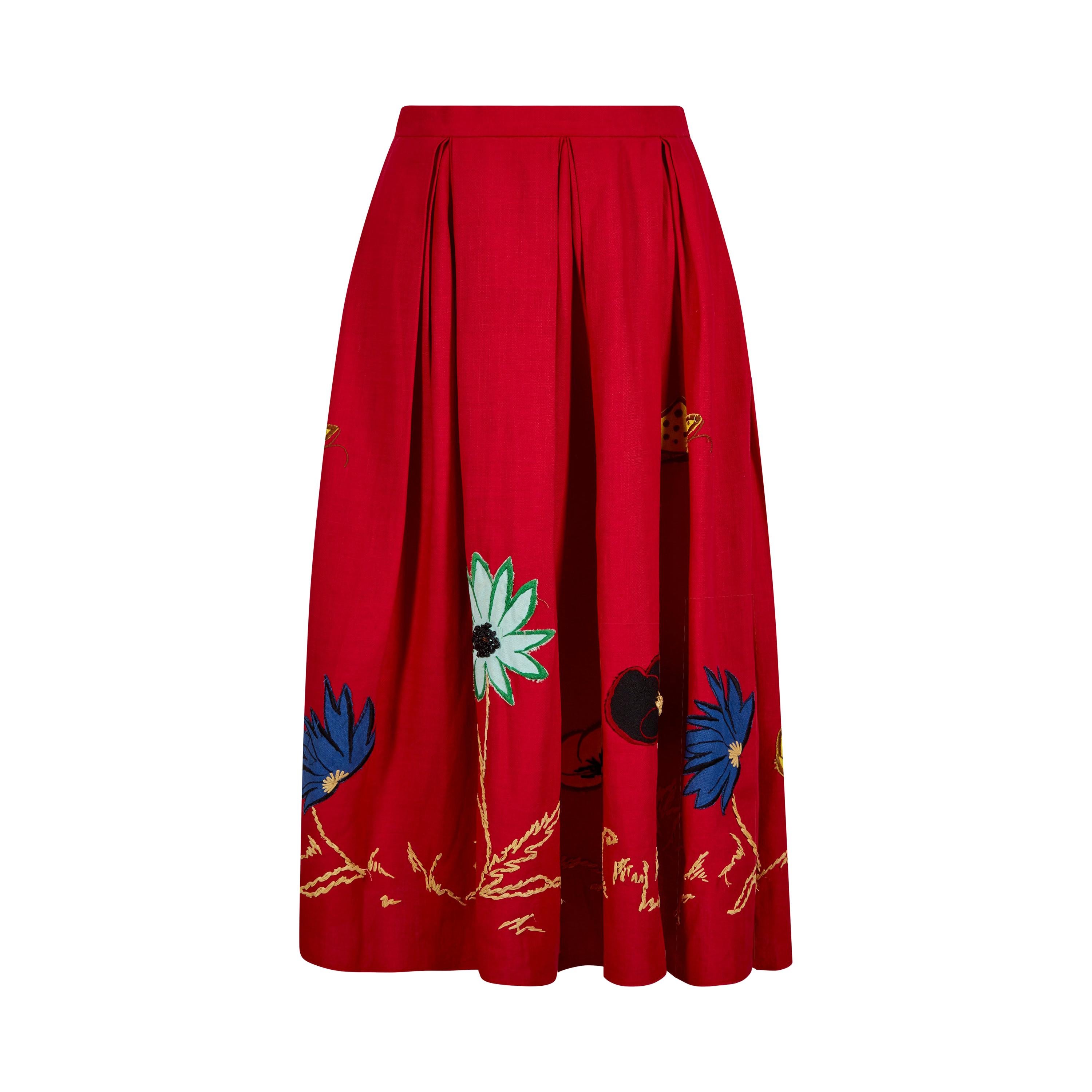 1950s Red Cotton Skirt With Floral Novelty Appliqué