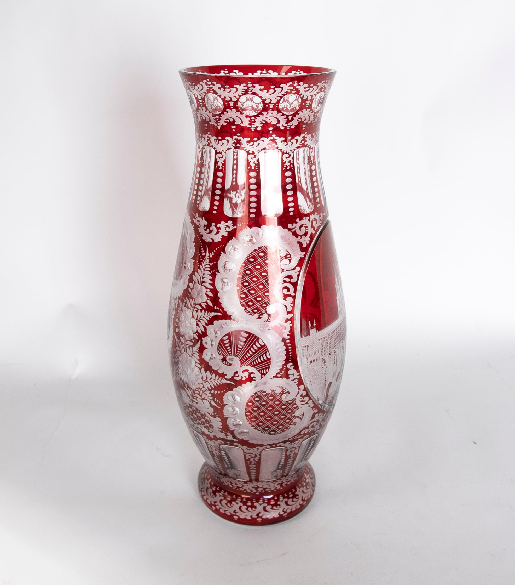 Spanish 1950s Red Cut Crystal Vase  For Sale