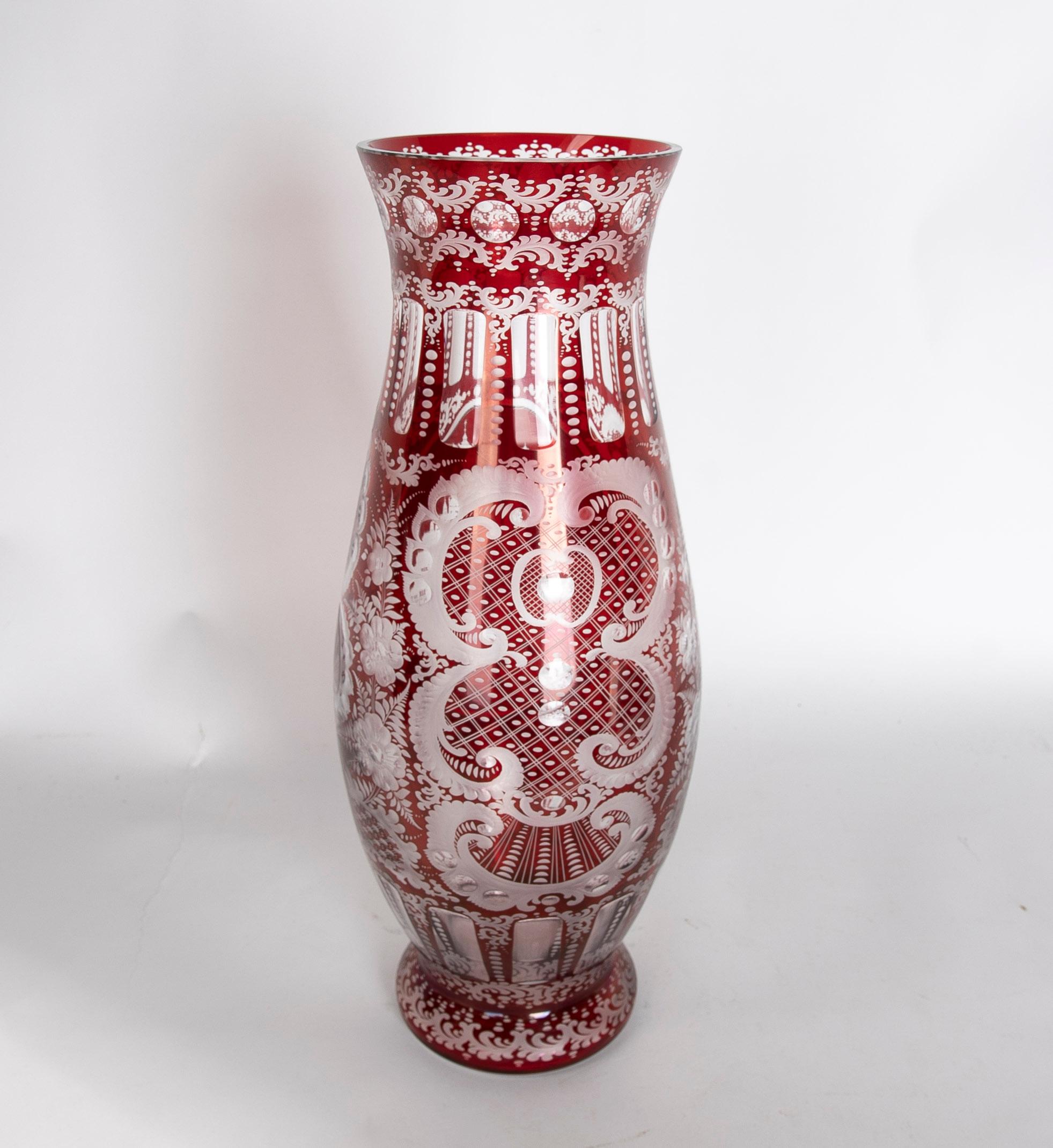 Glass 1950s Red Cut Crystal Vase  For Sale