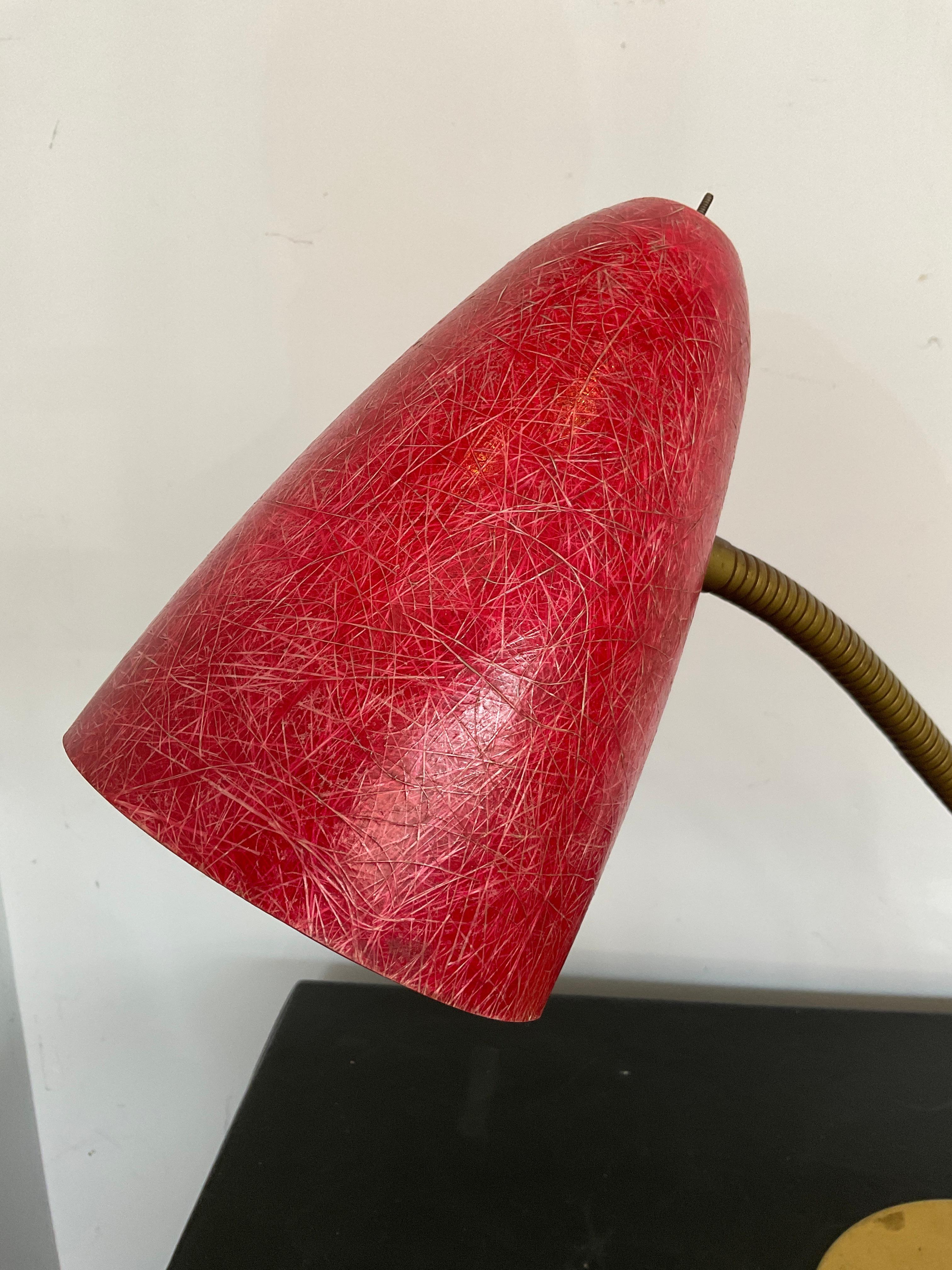 Mid-20th Century 1950s Red Fiberglass Shade and Brass Coated Base Table Lamp For Sale