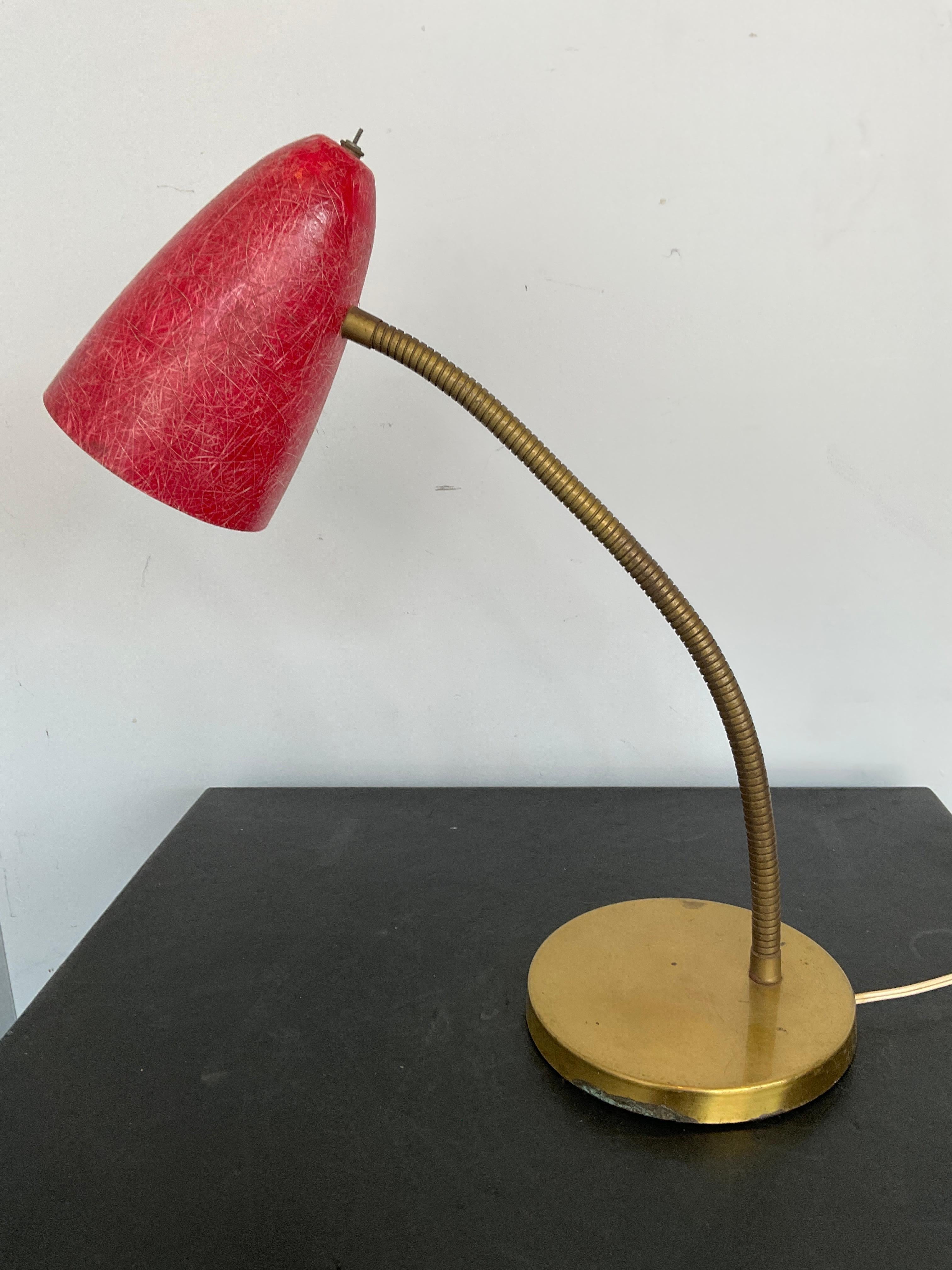 Mid-20th Century 1950s Red Fiberglass Shade and Brass Coated Base Table Lamp
