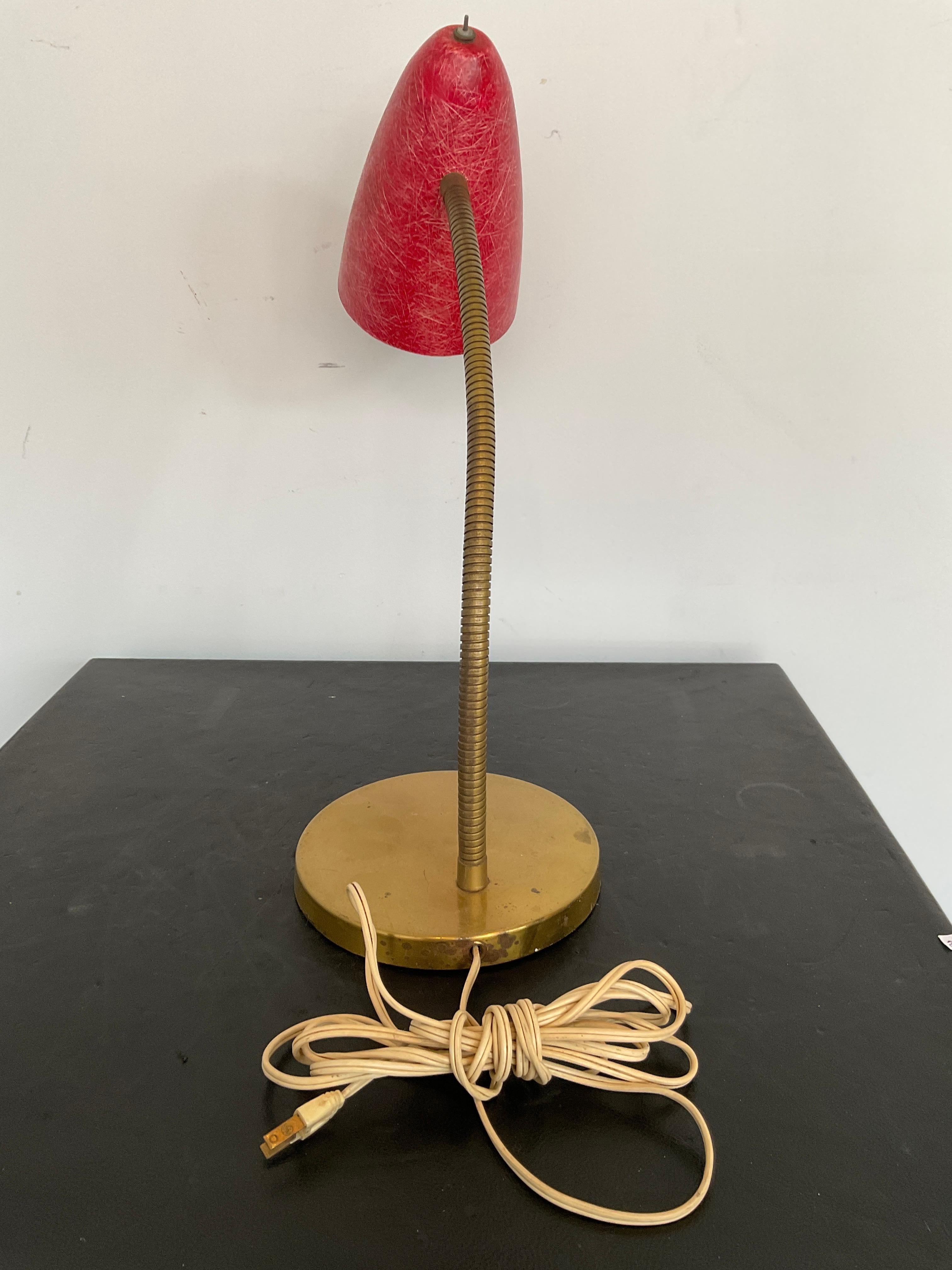1950s Red Fiberglass Shade and Brass Coated Base Table Lamp 1