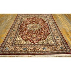 1950s Red Field Traditional Medallion Vintage Isfahan Wool Silk Small Carpet Rug