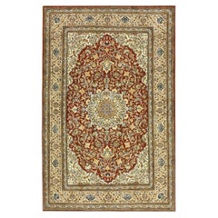 1950s Red Field Traditional Medallion Vintage Isfahan Wool Silk Small Carpet Rug