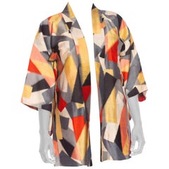 1950S Red, Gold & Grey Japanese Silk Ikat Abstract Geometric Kimono