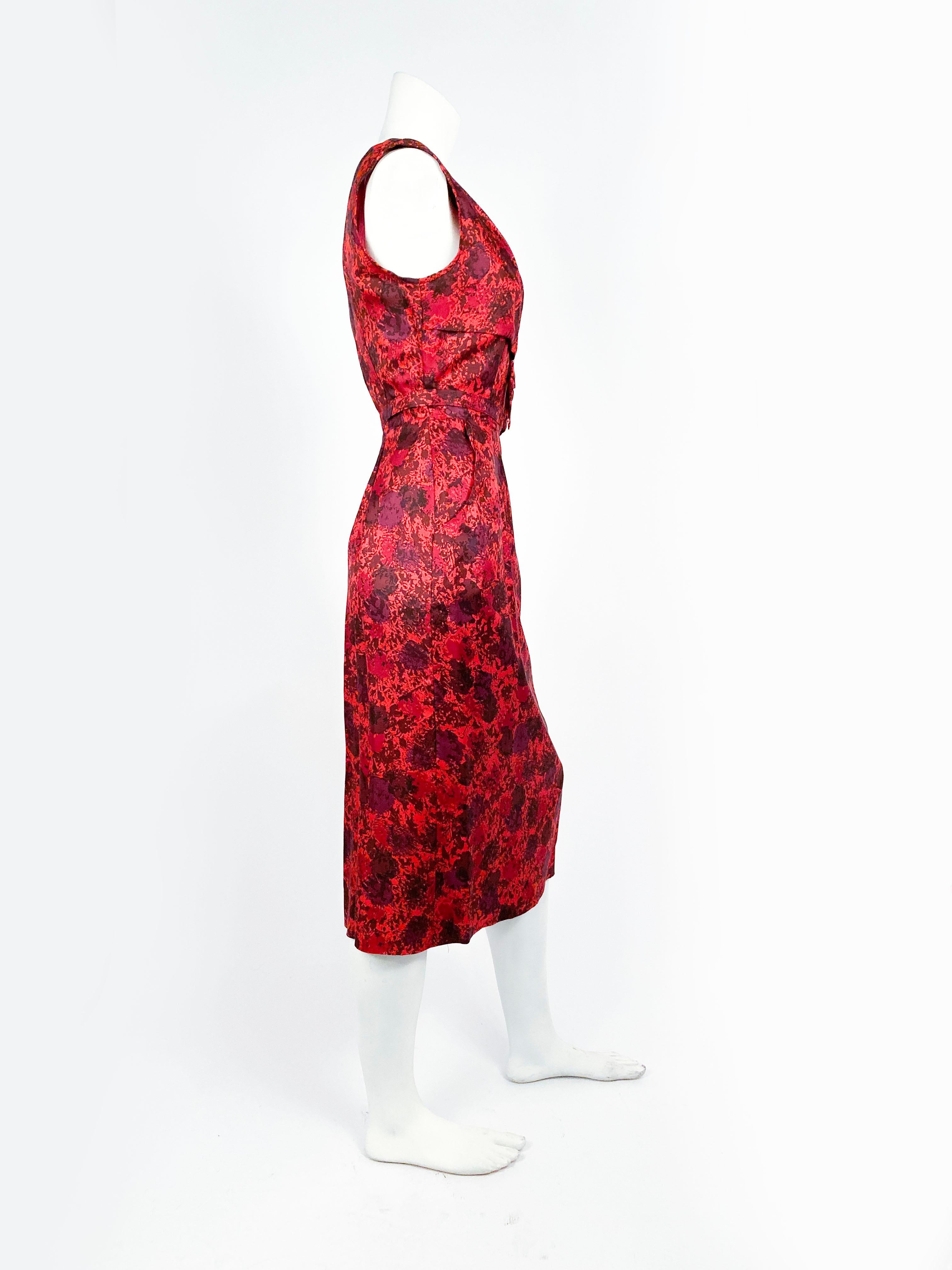 1950s Red Impressionist Printed Silk Dress For Sale 2