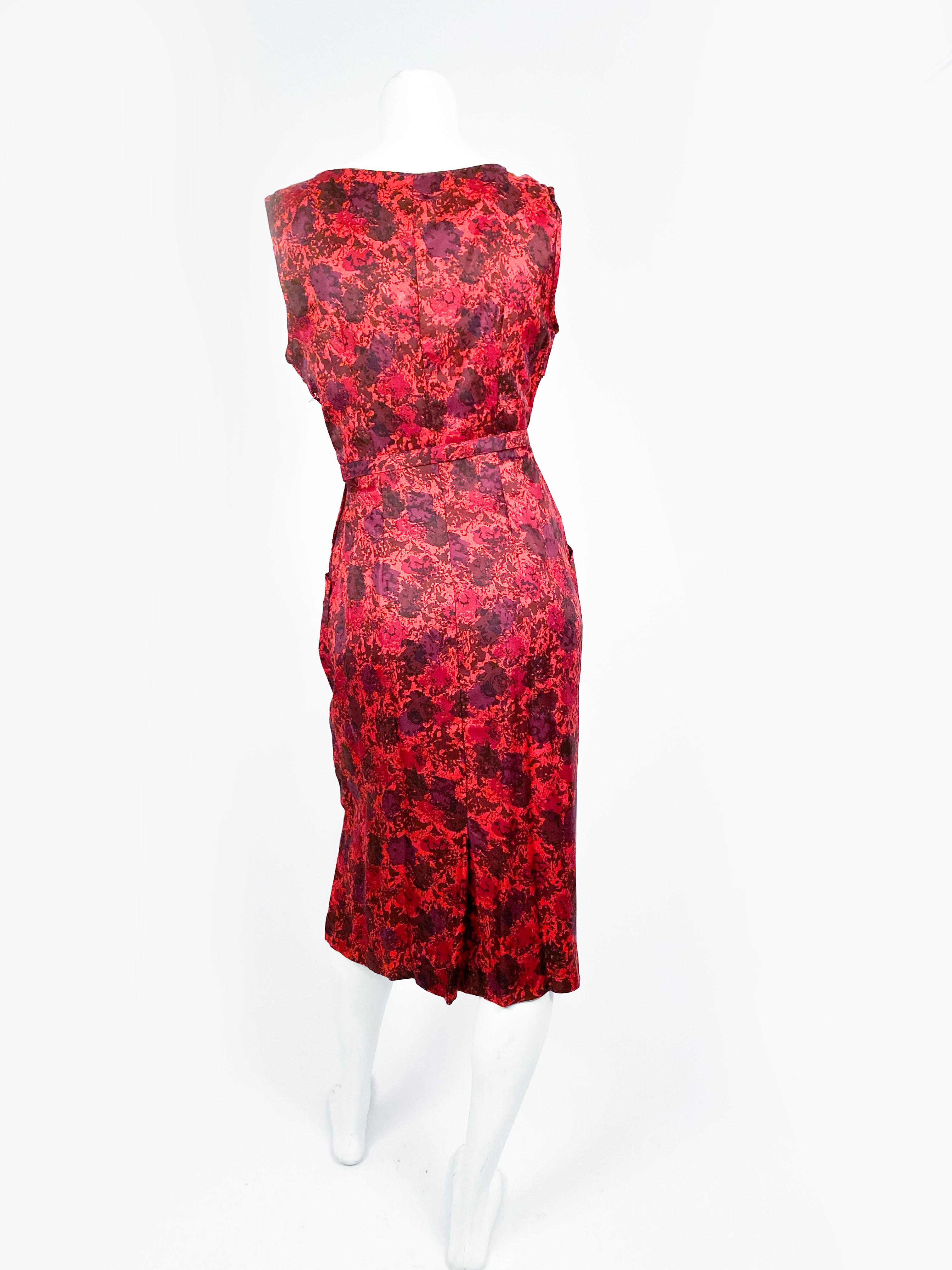 1950s Red Impressionist Printed Silk Dress For Sale 3