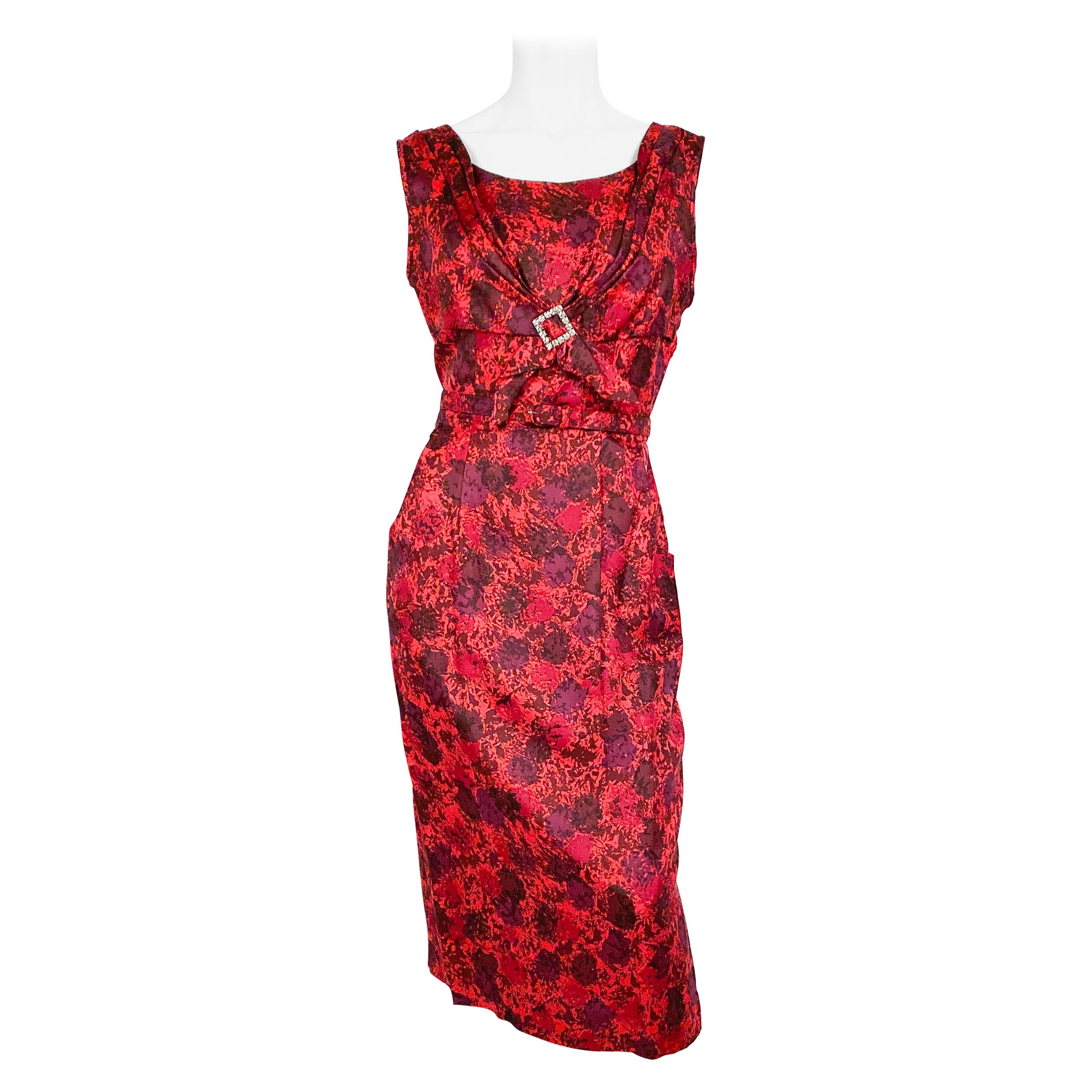1950er Jahre Rotes impressionistisches bedrucktes Seidenkleid im Angebot