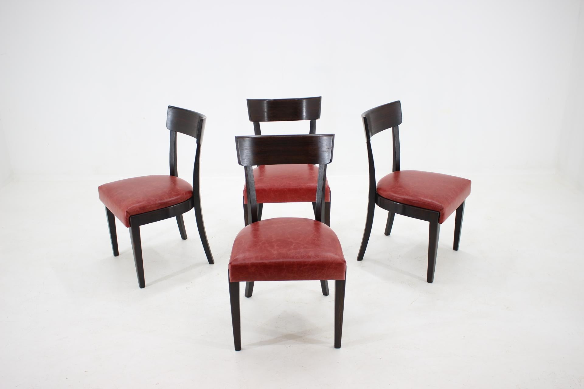 Mid-Century Modern 1950s Red Leather Dining Chairs for UP Czechoslovakia, Set of 4 For Sale
