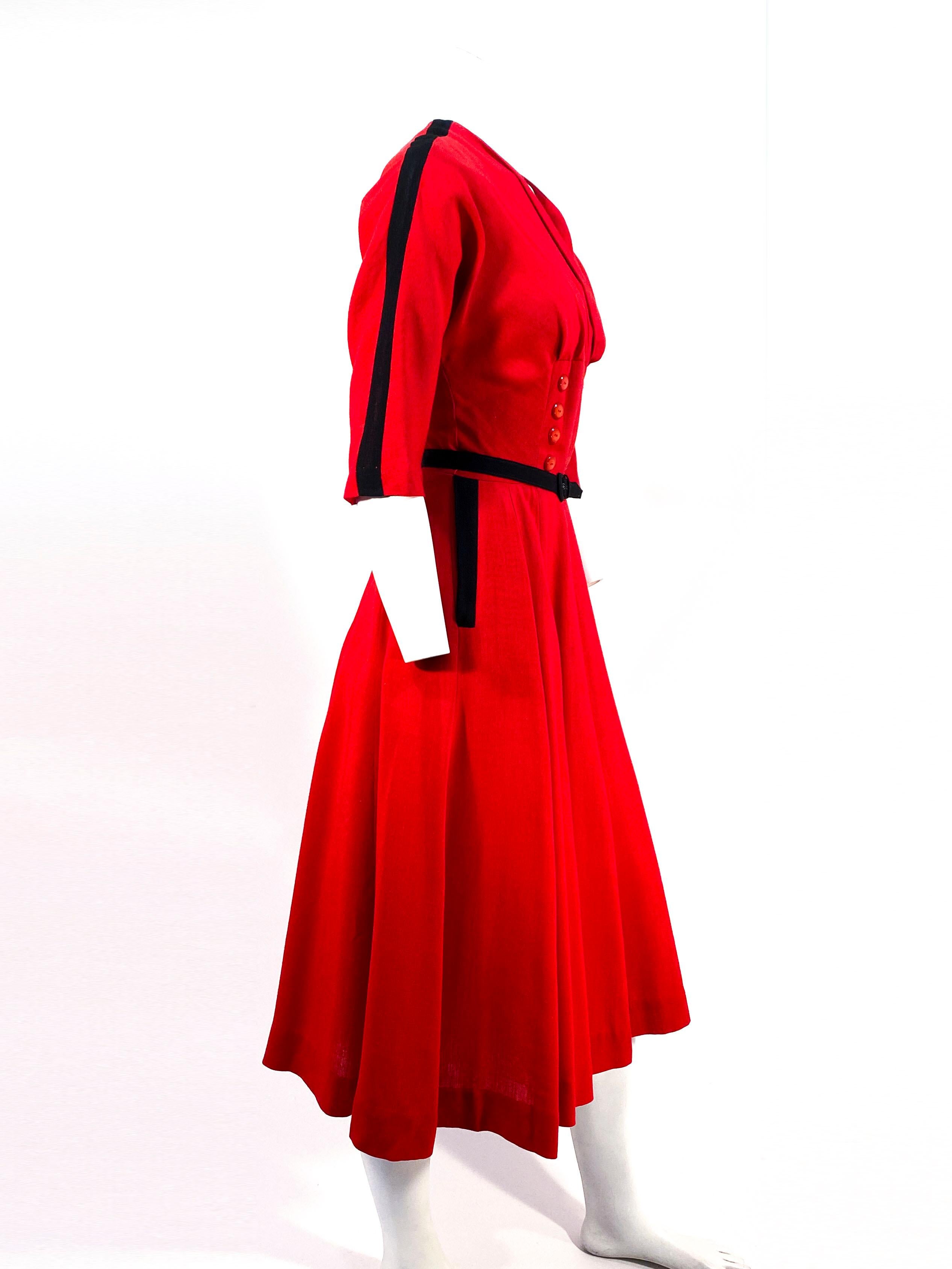 1950er Jahre Rotes Kleid aus heller Wolle im Zustand „Gut“ im Angebot in San Francisco, CA