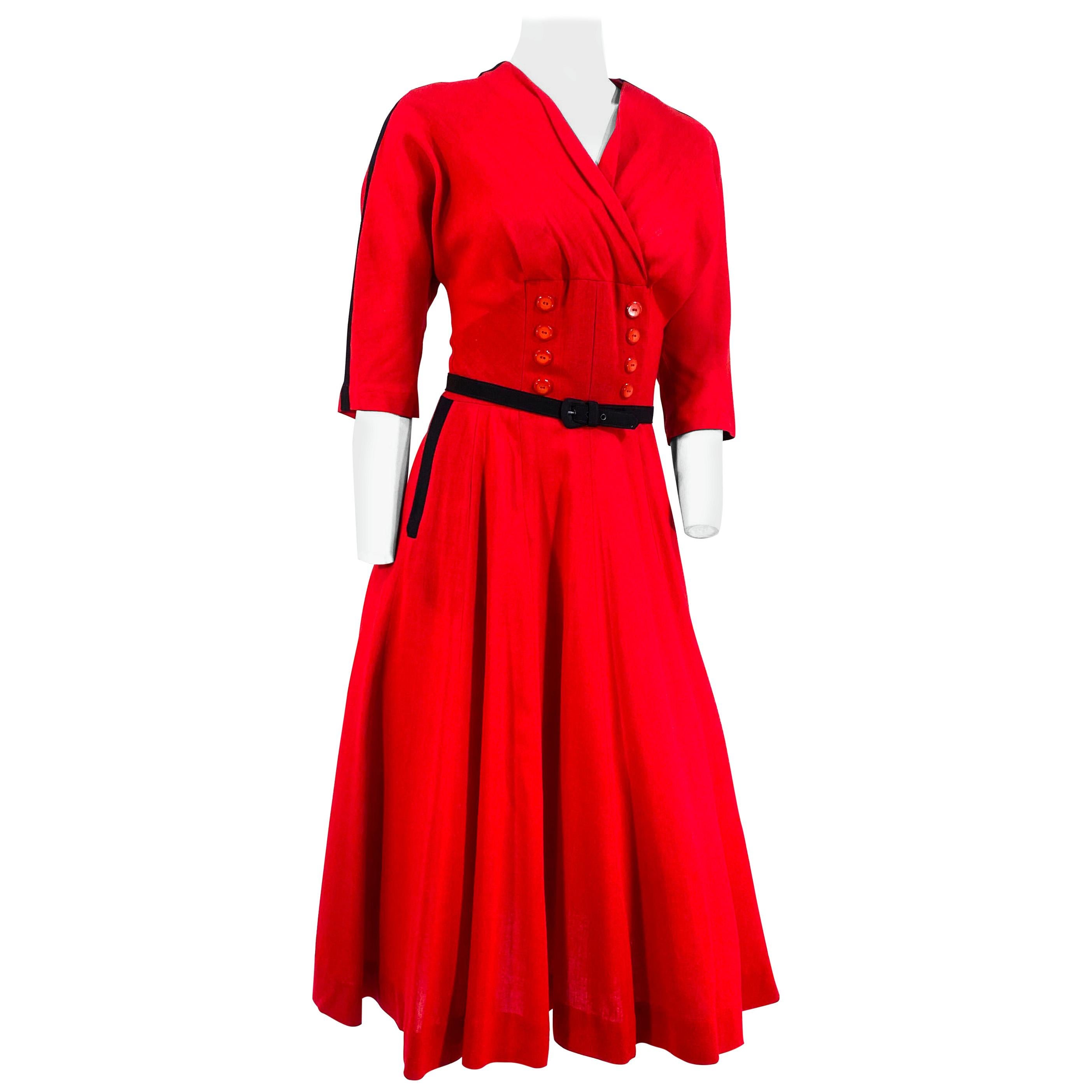 1950er Jahre Rotes Kleid aus heller Wolle im Angebot
