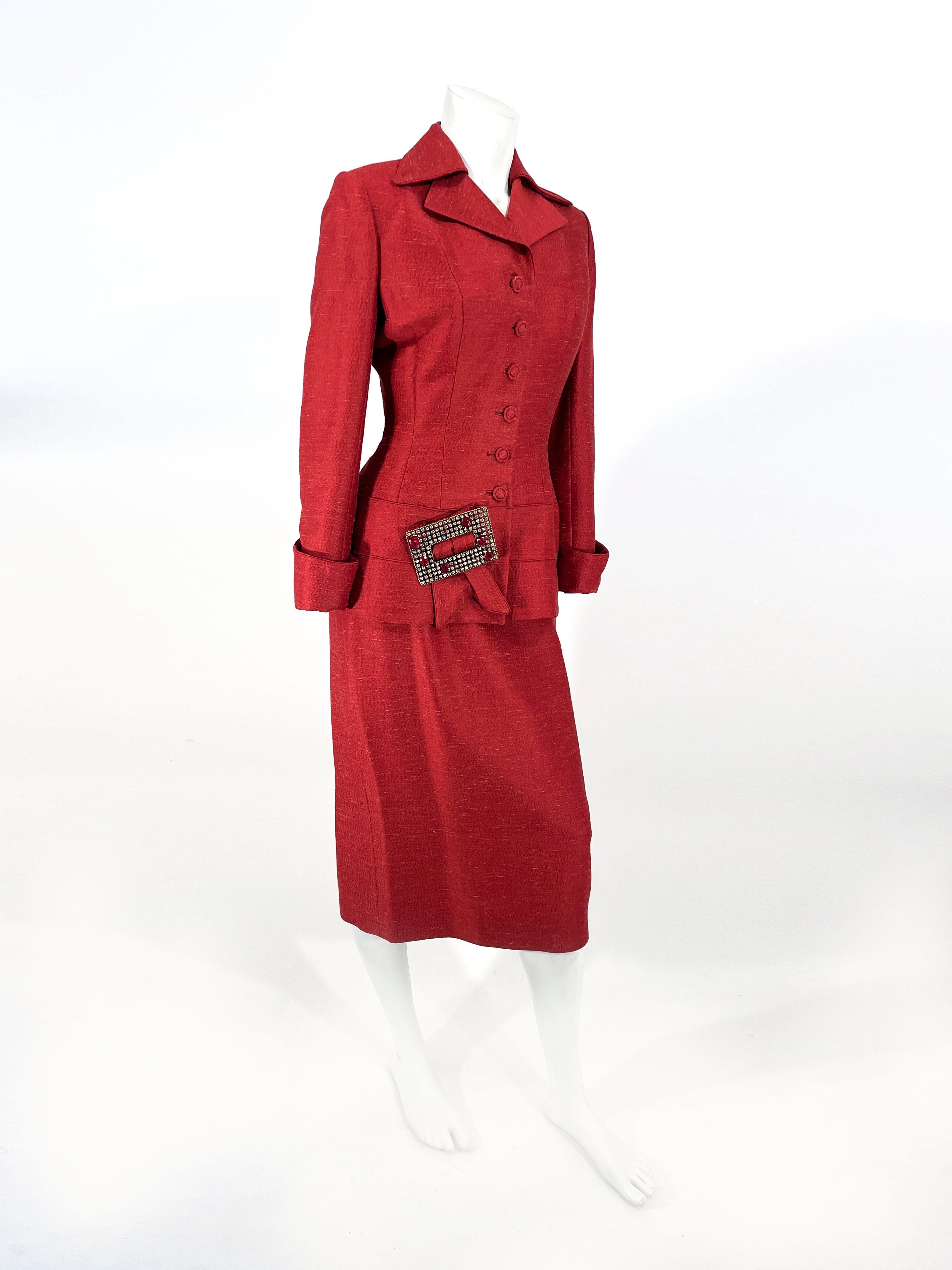 1950s Red Lilli Ann Suit with Rhinestone Buckle Accent In Good Condition For Sale In San Francisco, CA