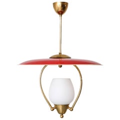 Vintage 1950s Red Painted Metal and Brass Ceiling Light