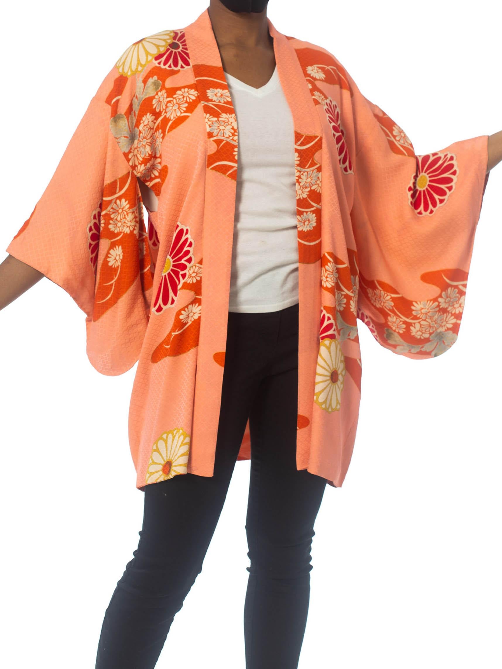 Orange 1950S Red & Pink Silk Jaquard Floral Kimono