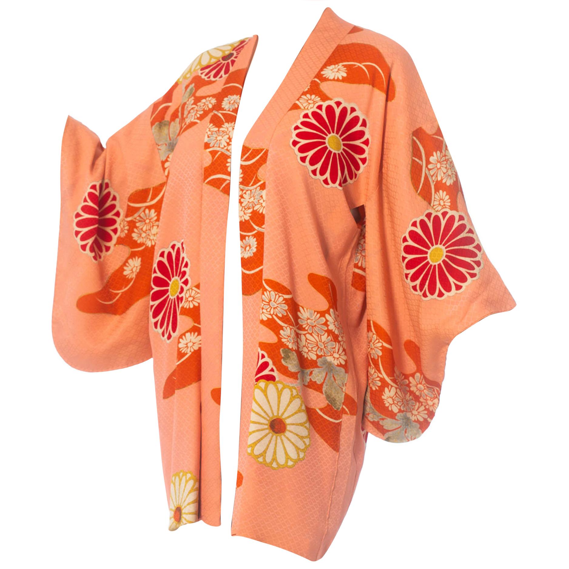 1950S Red & Pink Silk Jaquard Floral Kimono