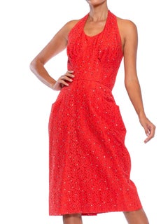 1950S Red Rayon Blend Lace & Faille Halter Dress With Crystals Pockets