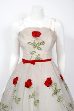 1950's Red-Roses Floral Embroidered Ivory Silk-Organza Full Skirt Party Dress