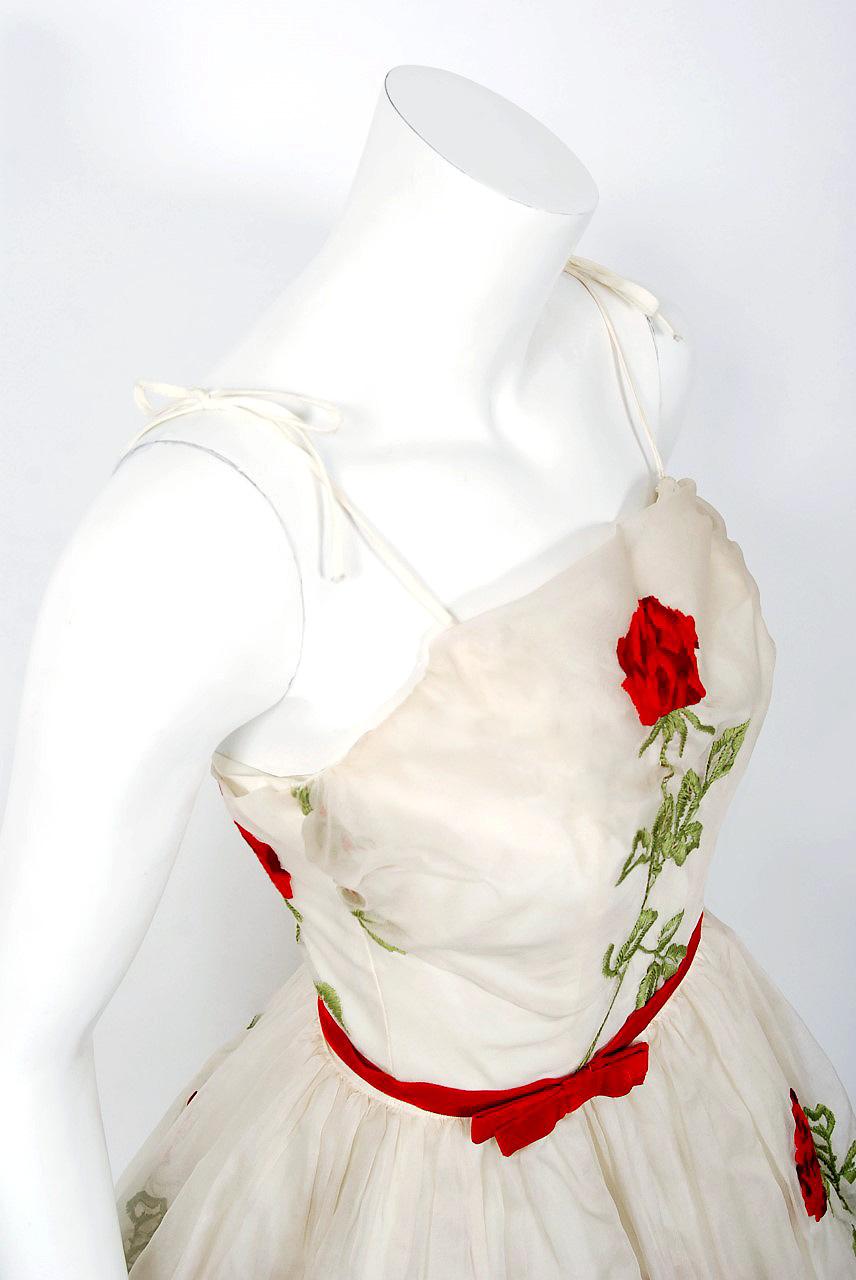 Beige 1950's Red-Roses Floral Embroidered Ivory Silk-Organza Full Skirt Party Dress 