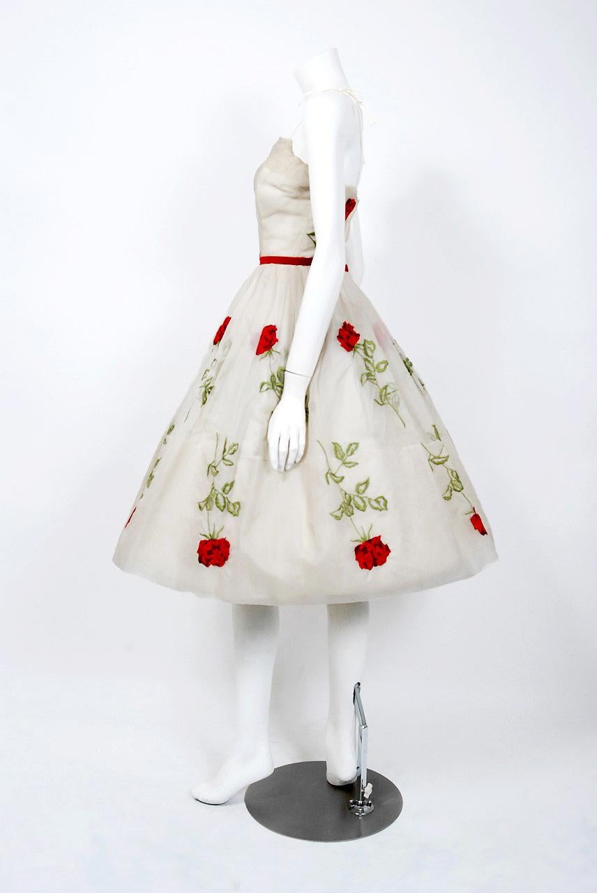 Women's 1950's Red-Roses Floral Embroidered Ivory Silk-Organza Full Skirt Party Dress 