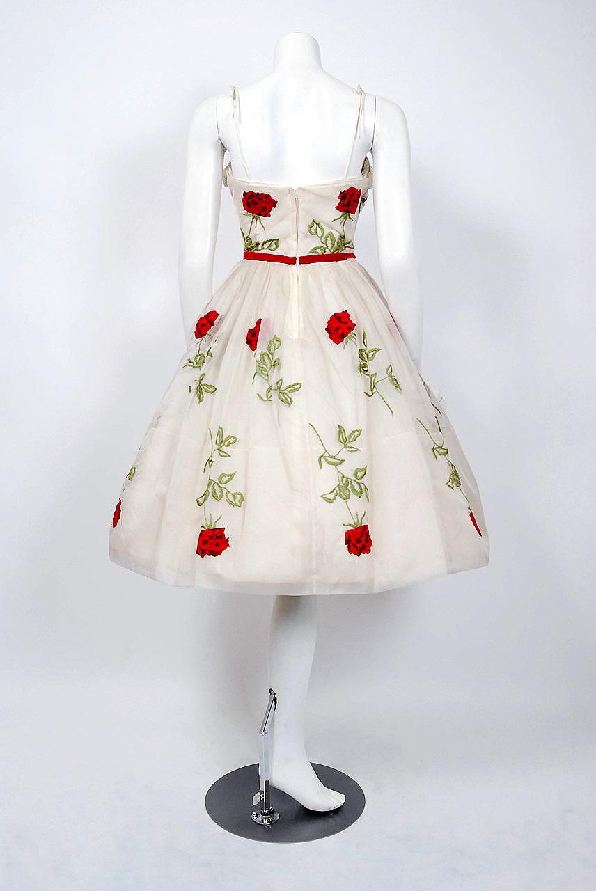1950's Red-Roses Floral Embroidered Ivory Silk-Organza Full Skirt Party Dress  1