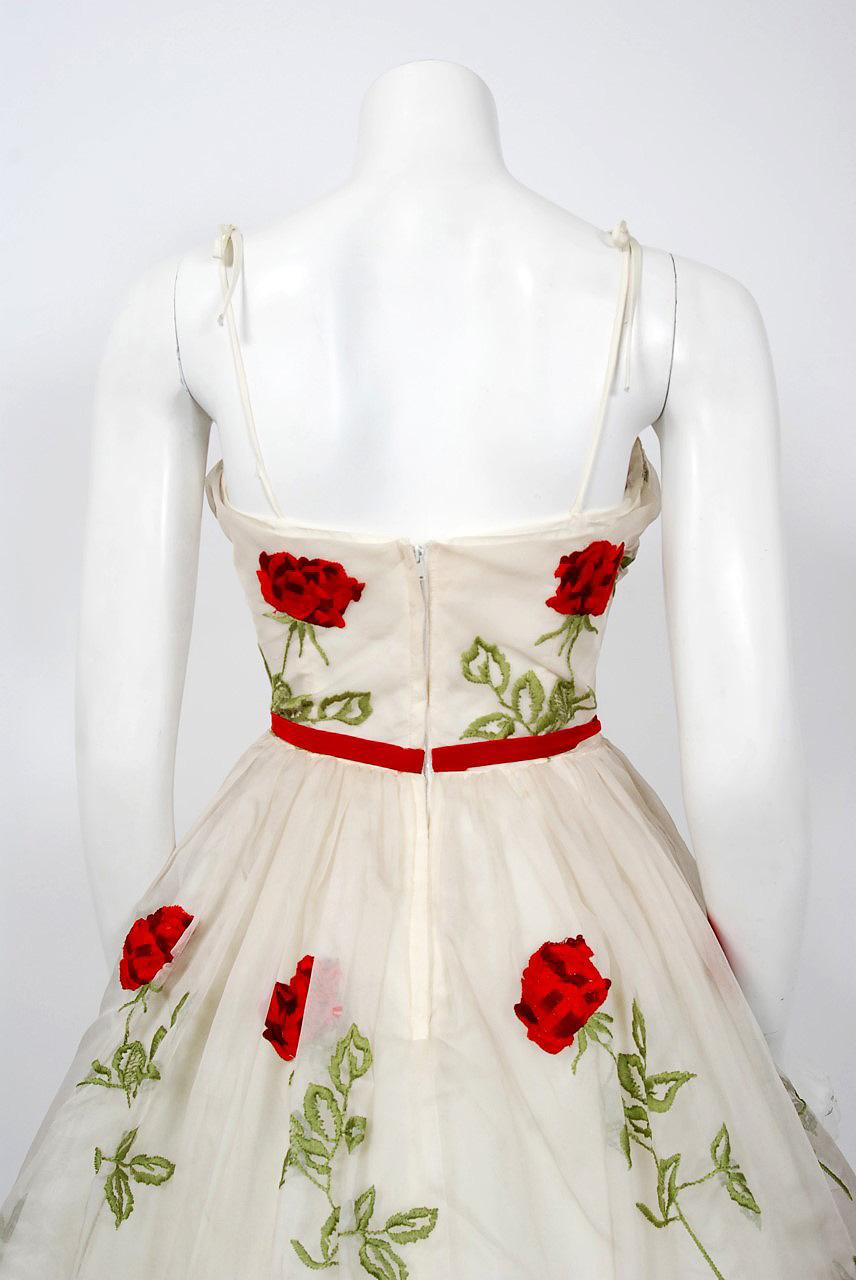1950's Red-Roses Floral Embroidered Ivory Silk-Organza Full Skirt Party Dress  2