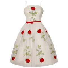 1950's Red-Roses Floral Embroidered Ivory Silk-Organza Full Skirt Party Dress
