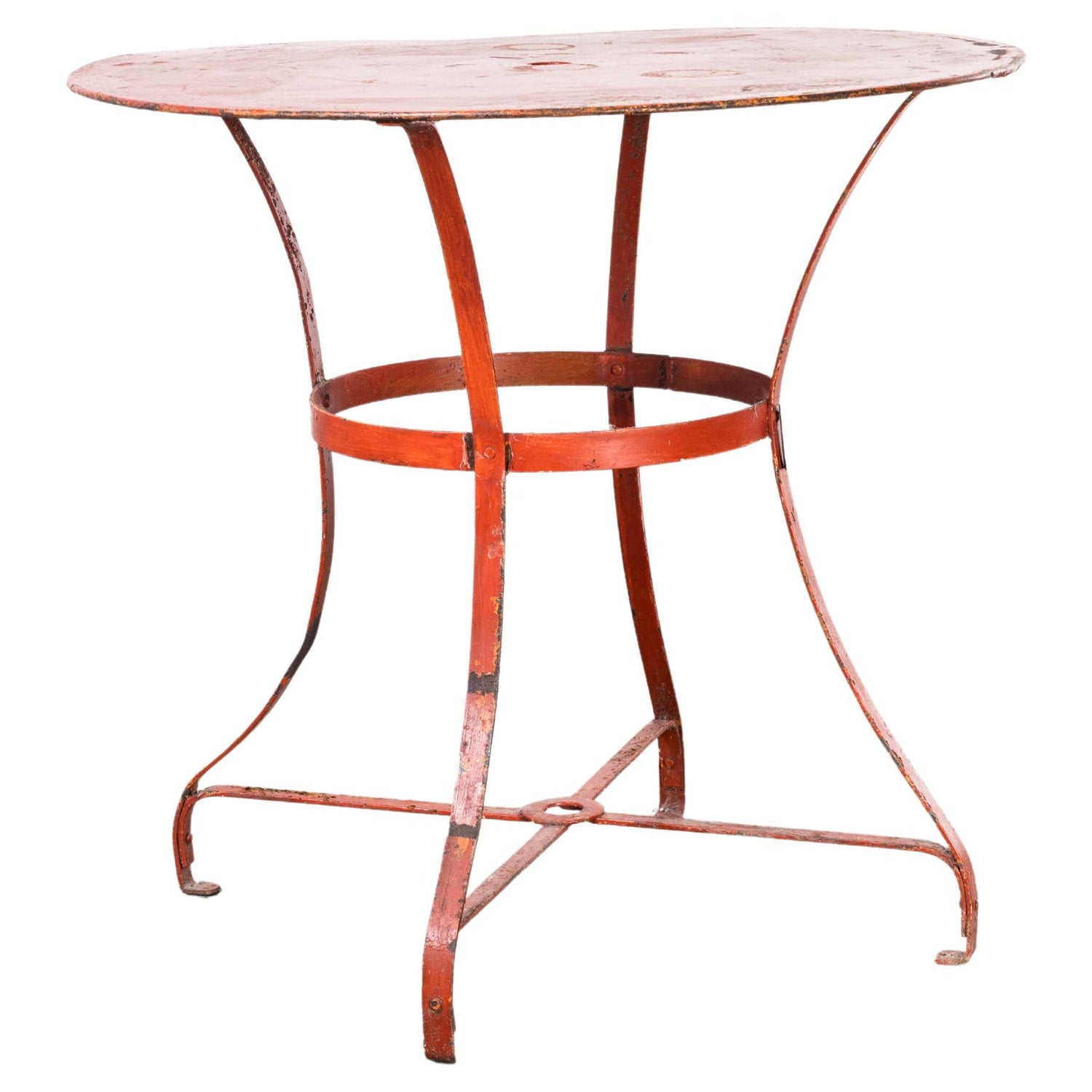 1950's Red Round French Metal Garden Dining Table For Sale at 1stDibs