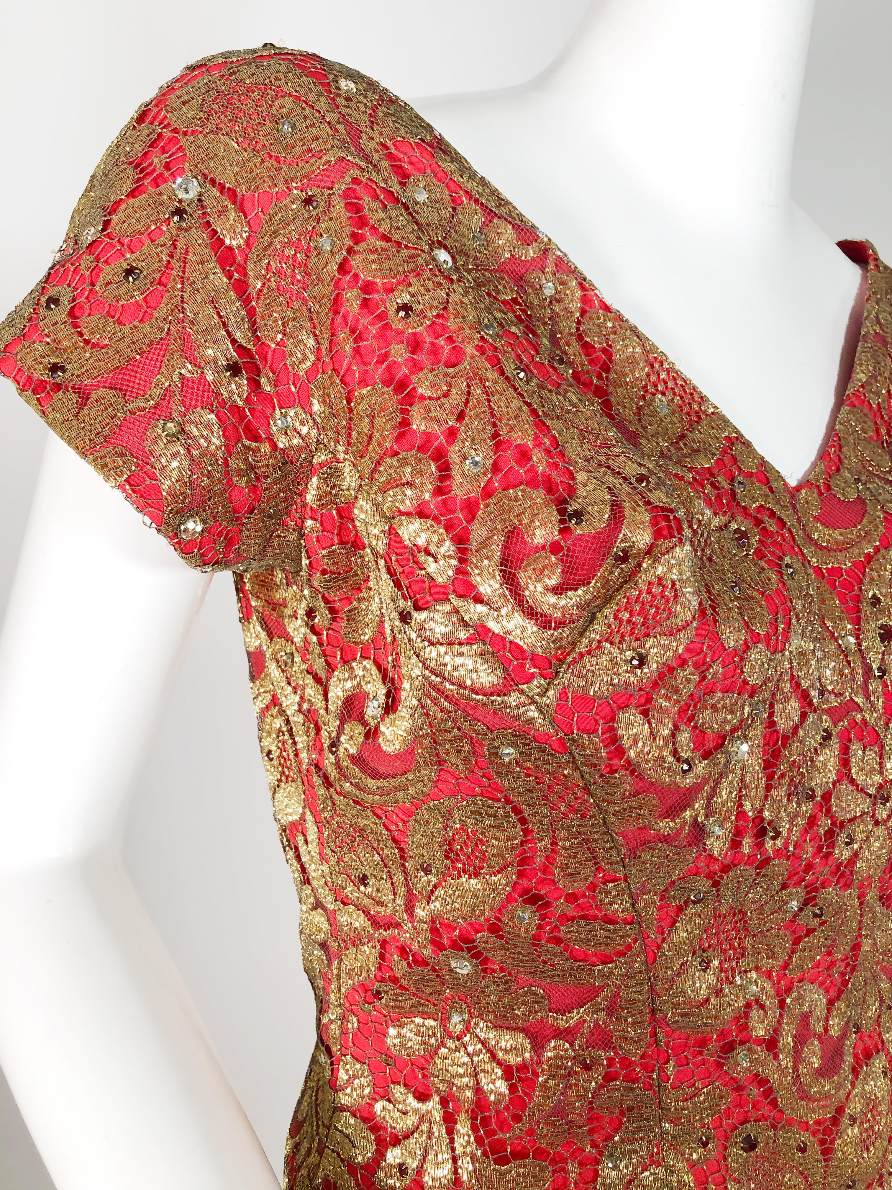 Brown 1950s Red Sheath Dress with Beautiful Gold Lame Lace Overlay and Crimson Stones