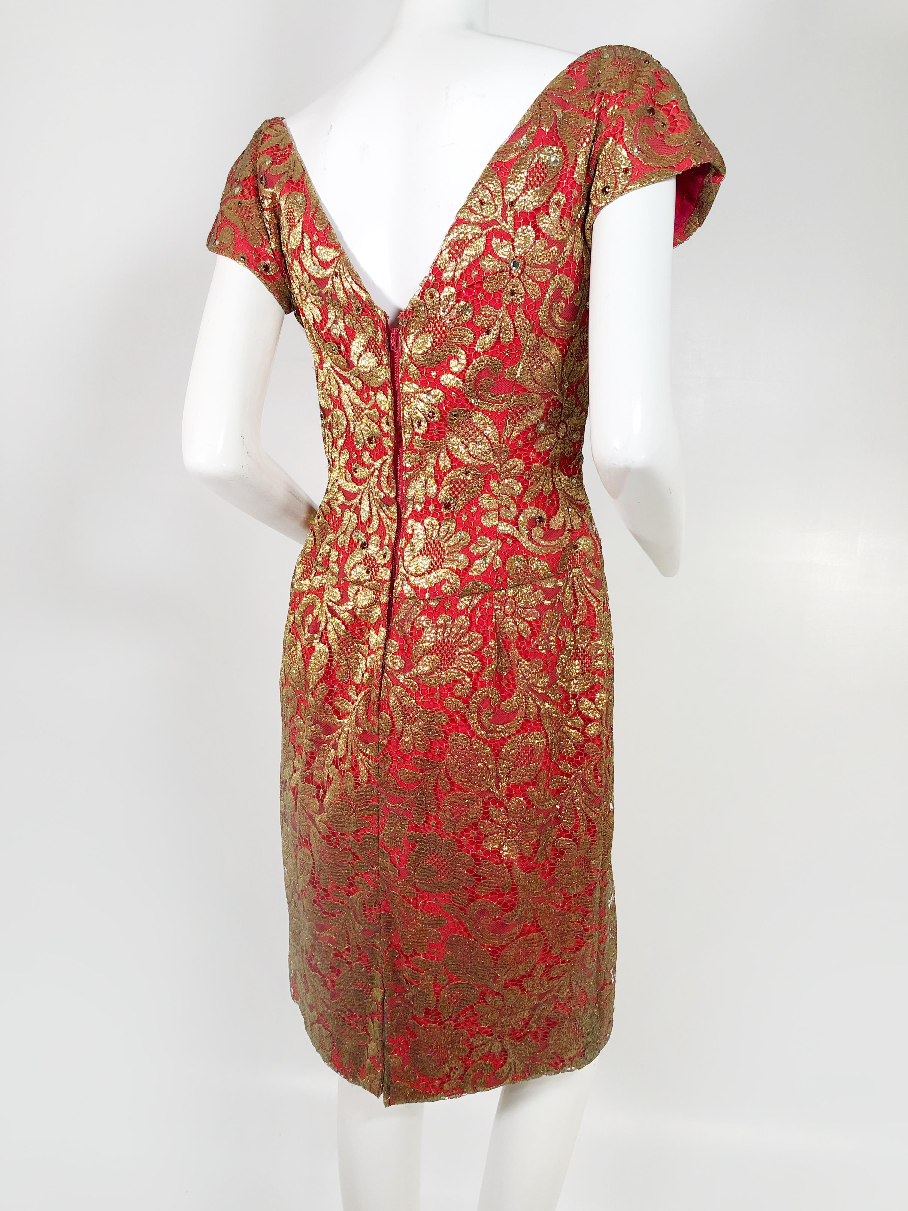 1950s Red Sheath Dress with Beautiful Gold Lame Lace Overlay and ...